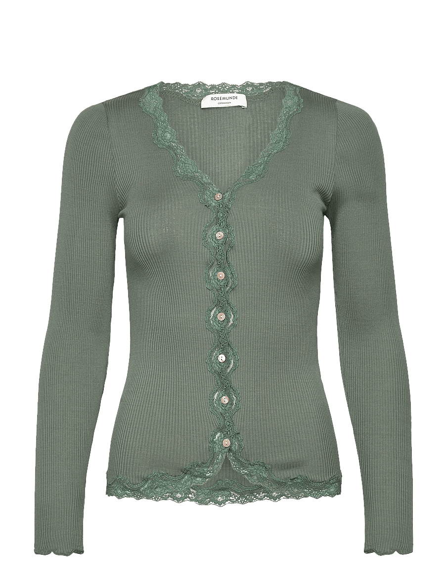 Rosemunde - RWBabette Silk LS V-neck Lace Cardigan - cardigans - laurel wreath - 1