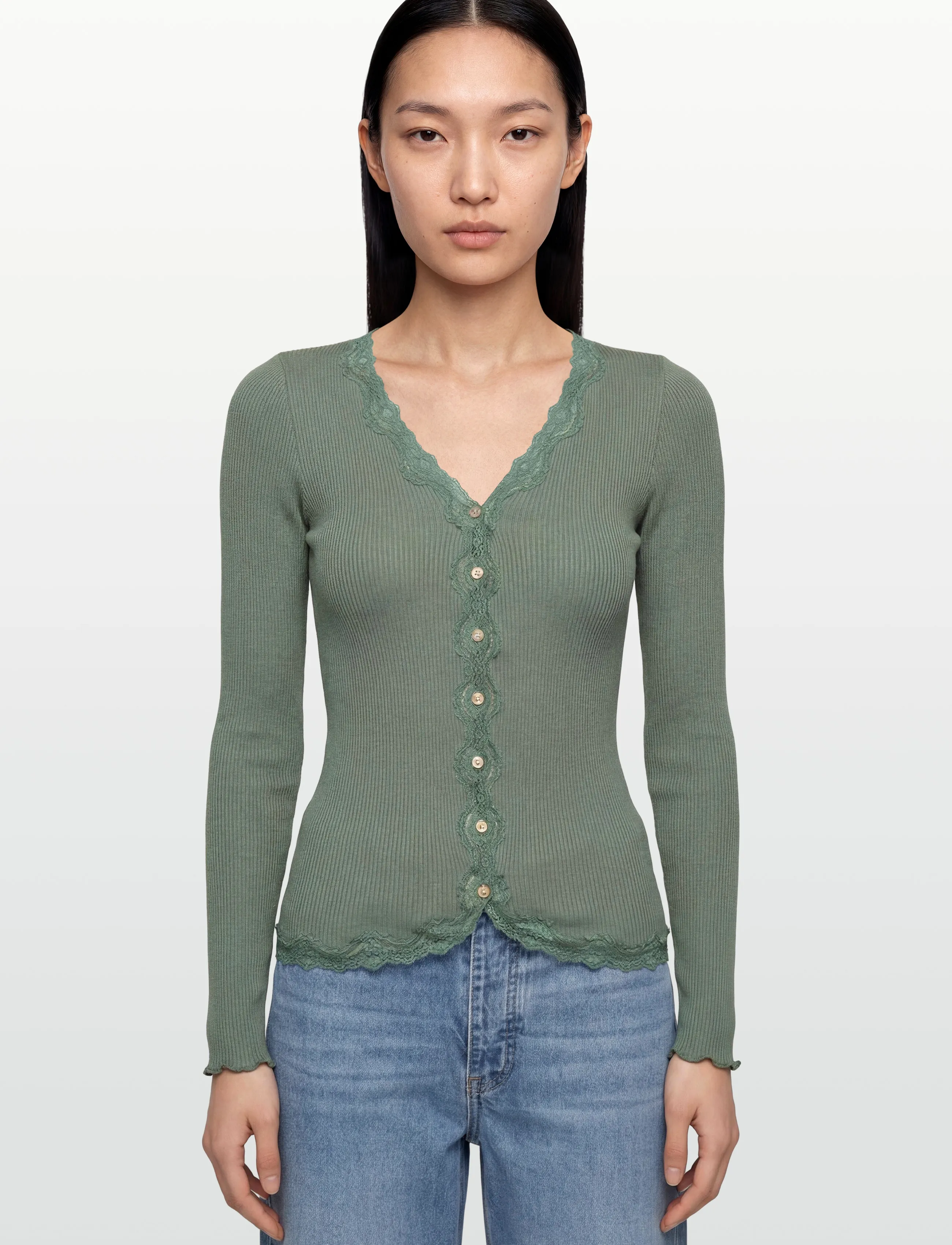 Rosemunde - RWBabette Silk LS V-neck Lace Cardi - cardigans - laurel wreath - 3