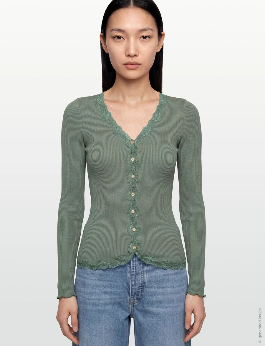 Rosemunde - RWBabette Silk LS V-neck Lace Cardigan - cardigans - laurel wreath - 3