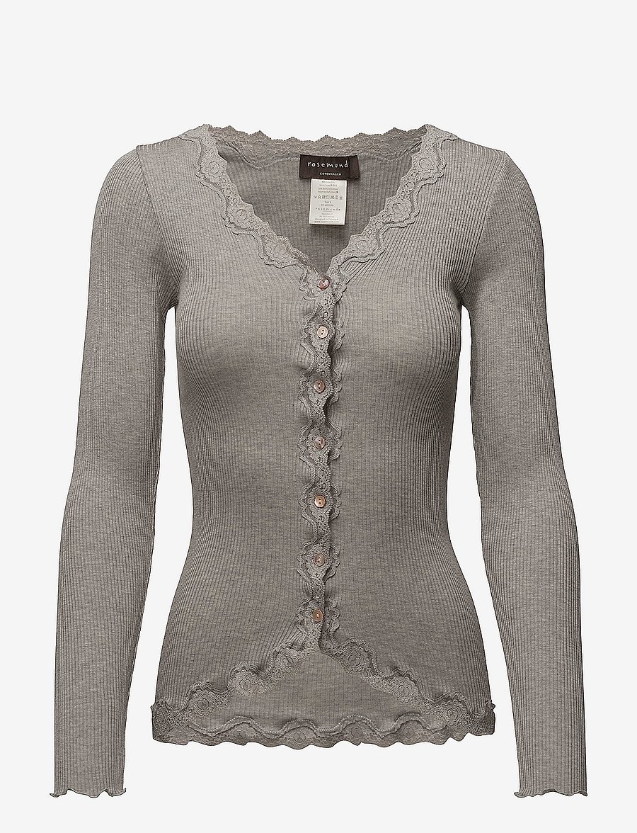 Rosemunde - RWBabette Silk LS V-neck Lace Cardigan - koftor - light grey melange - 0