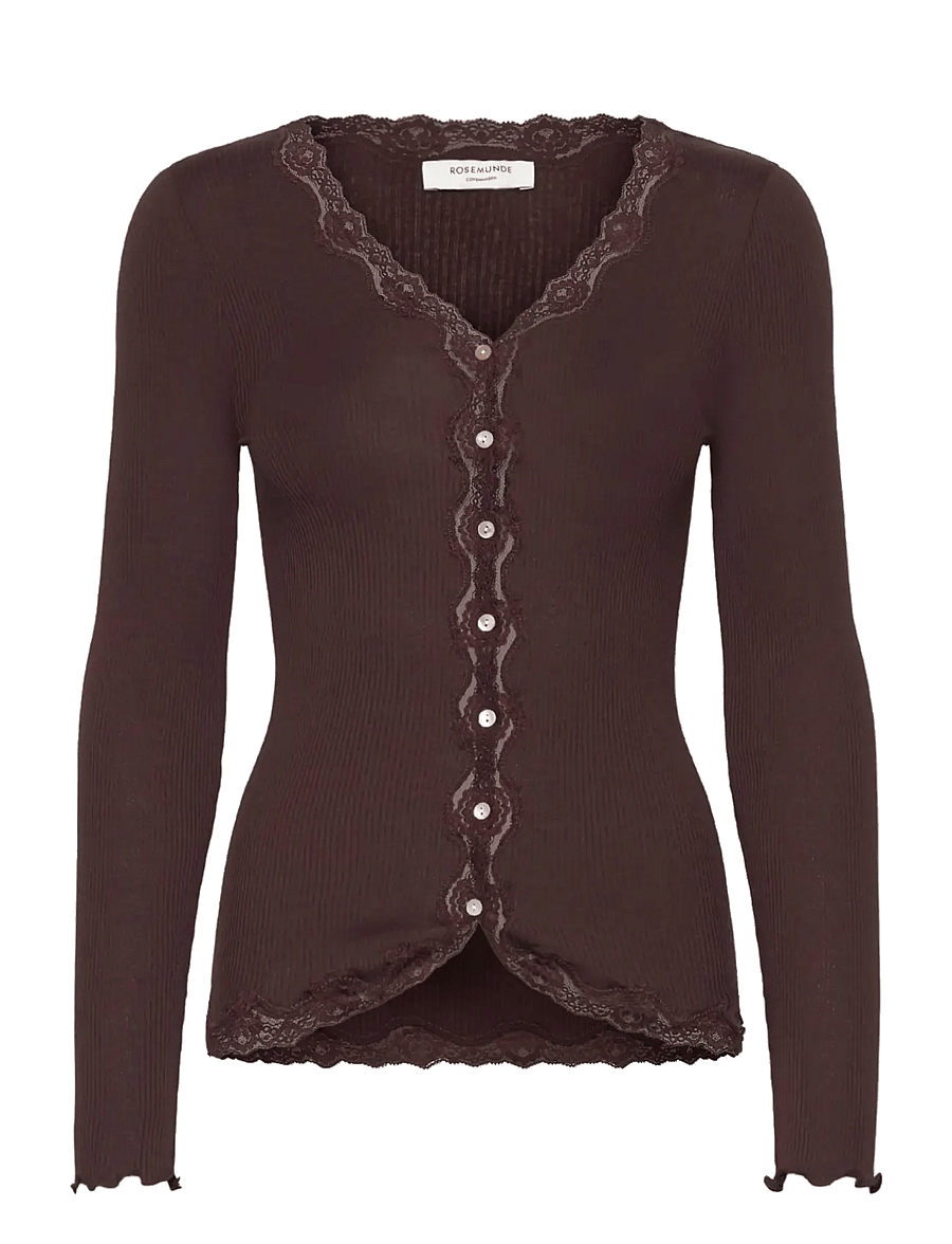 Rosemunde - RWBabette Silk LS V-neck Lace Cardigan - strickjacken - mole - 1