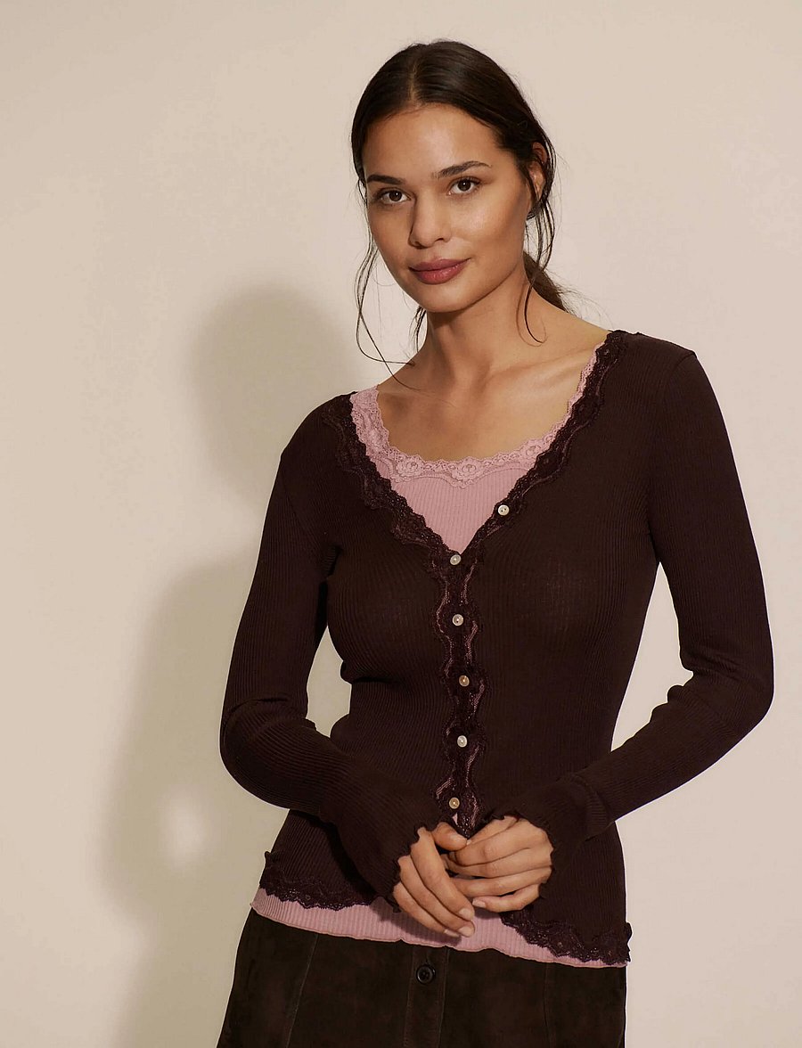 Rosemunde - RWBabette Silk LS V-neck Lace Cardigan - strickjacken - mole - 0
