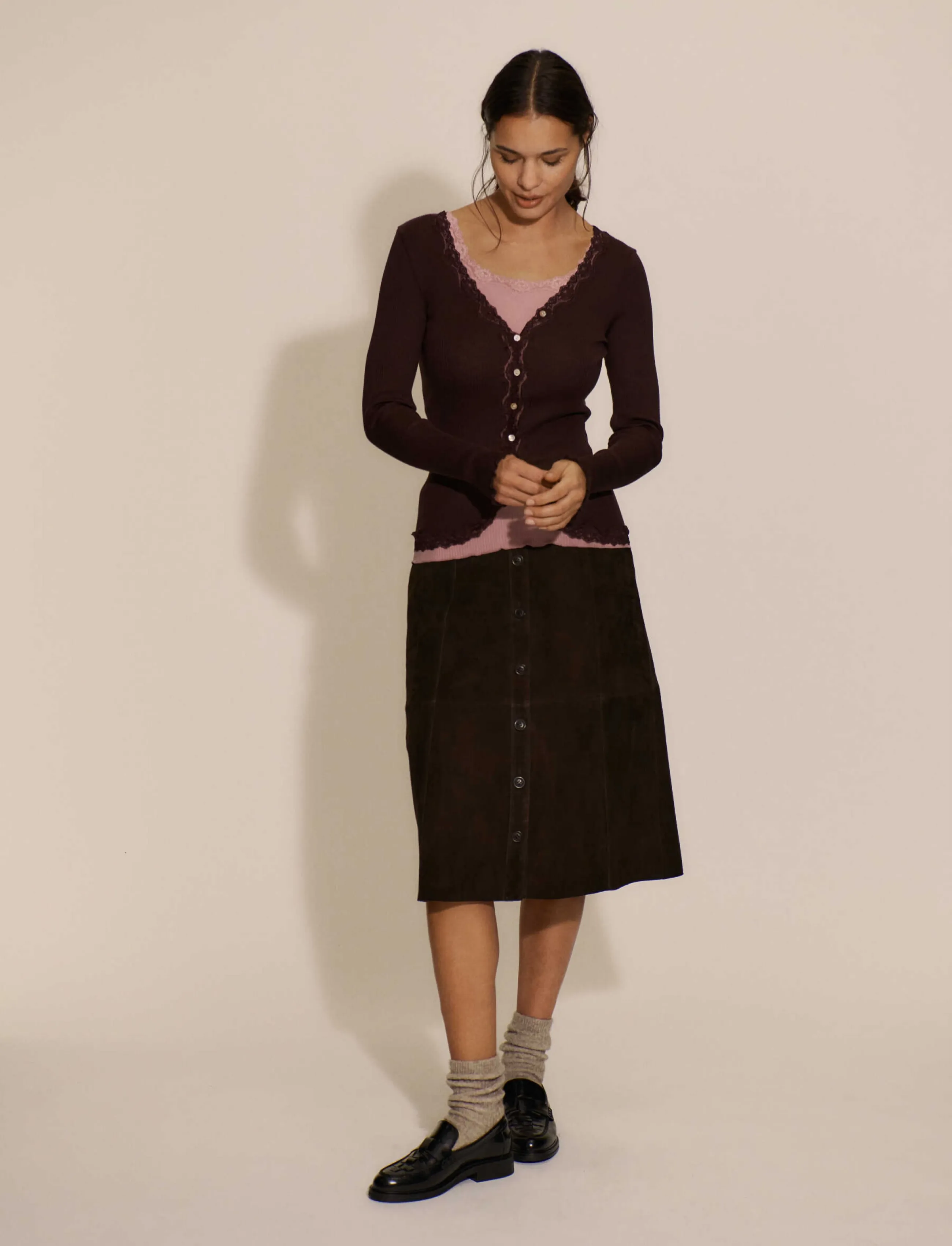 Rosemunde - RWBabette Silk LS V-neck Lace Cardigan - strickjacken - mole - 3