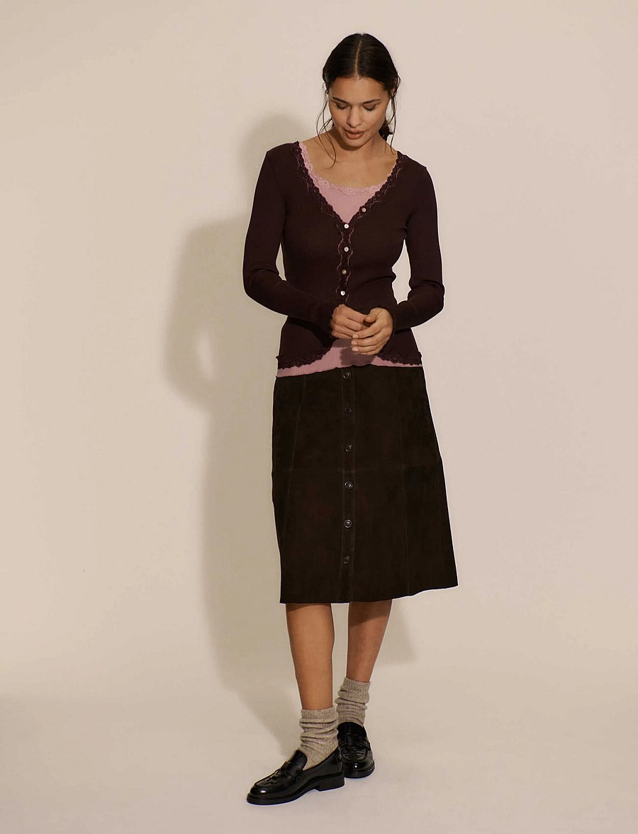 Rosemunde - RWBabette Silk LS V-neck Lace Cardigan - strickjacken - mole - 3