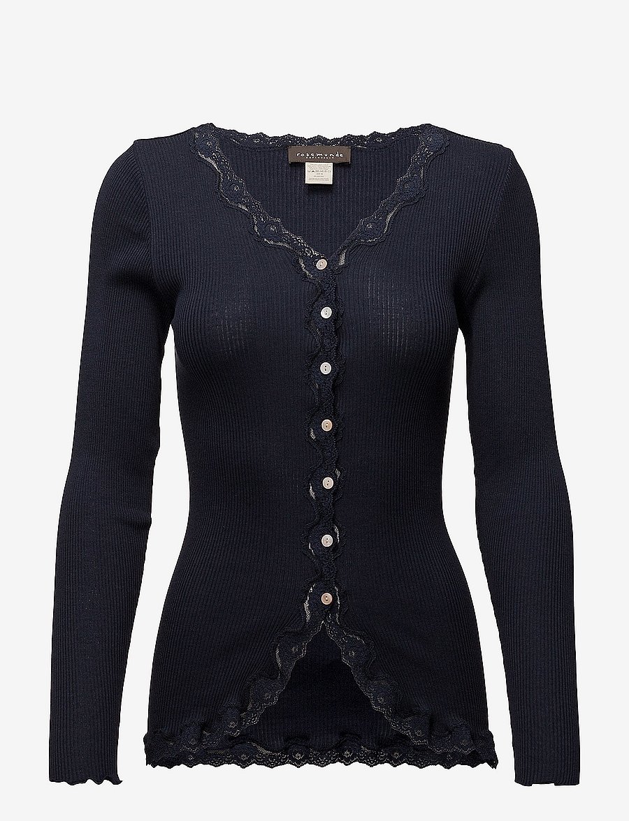 Rosemunde - RWBabette Silk LS V-neck Lace Cardigan - strickjacken - navy - 0