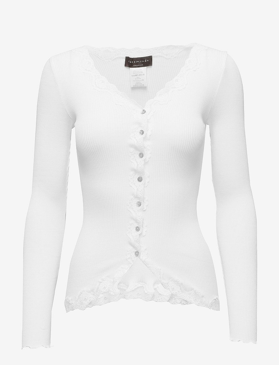 Rosemunde - RWBabette Silk LS V-neck Lace Cardigan - koftor - new white - 0