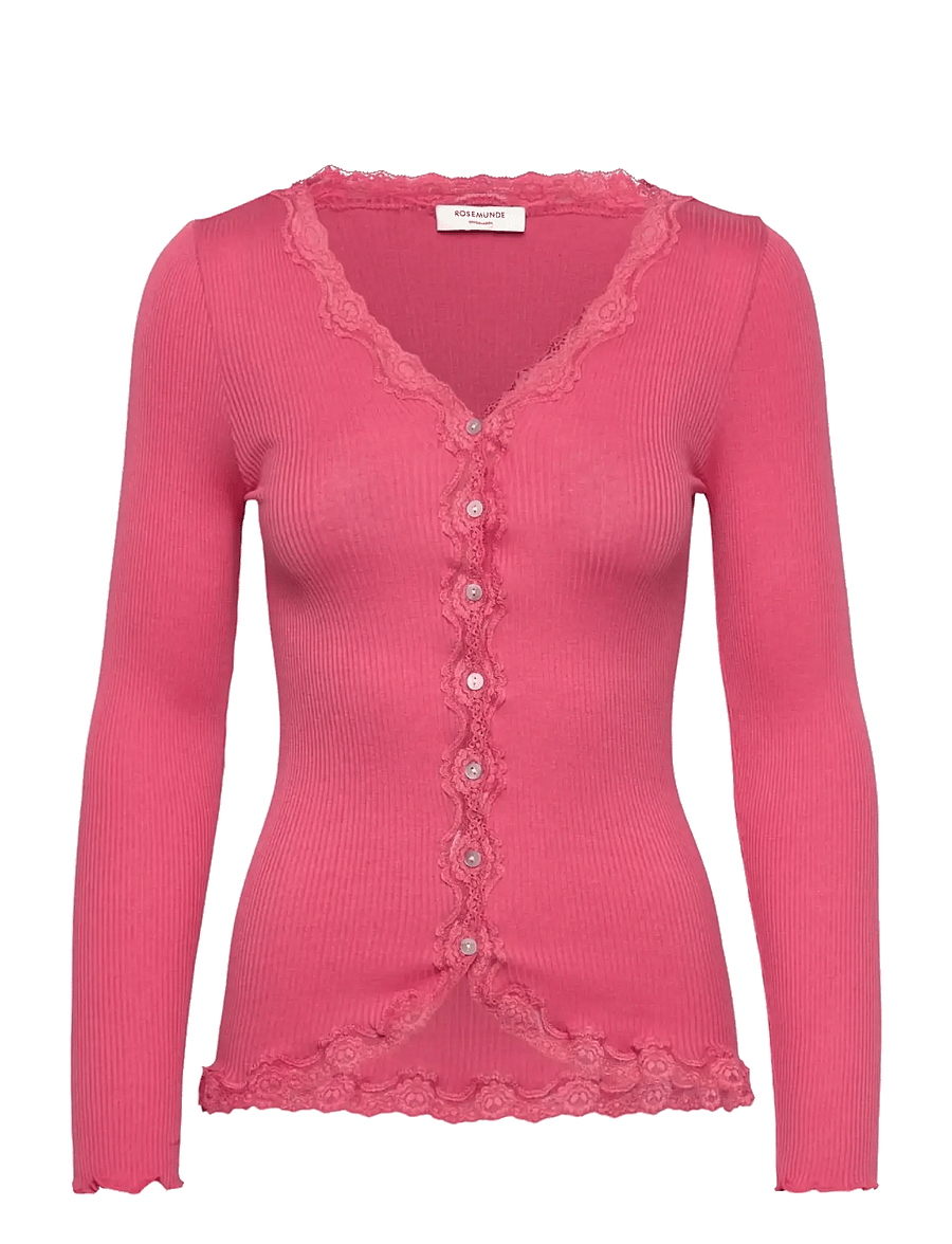Rosemunde - RWBabette Silk LS V-neck Lace Cardigan - cardigans - rapture rose - 1