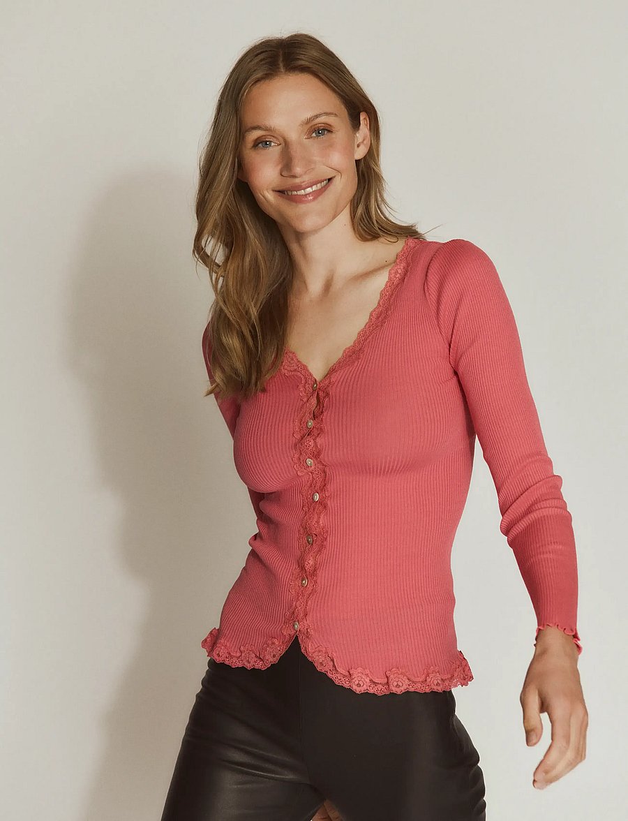 Rosemunde - RWBabette Silk LS V-neck Lace Cardigan - cardigans - rapture rose - 0