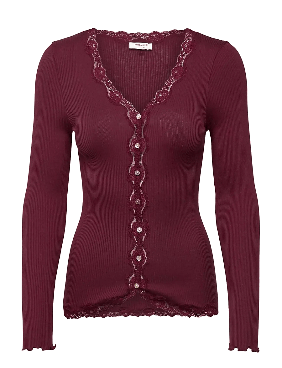 Rosemunde - RWBabette Silk LS V-neck Lace Cardigan - kardiganid - windsor wine - 0
