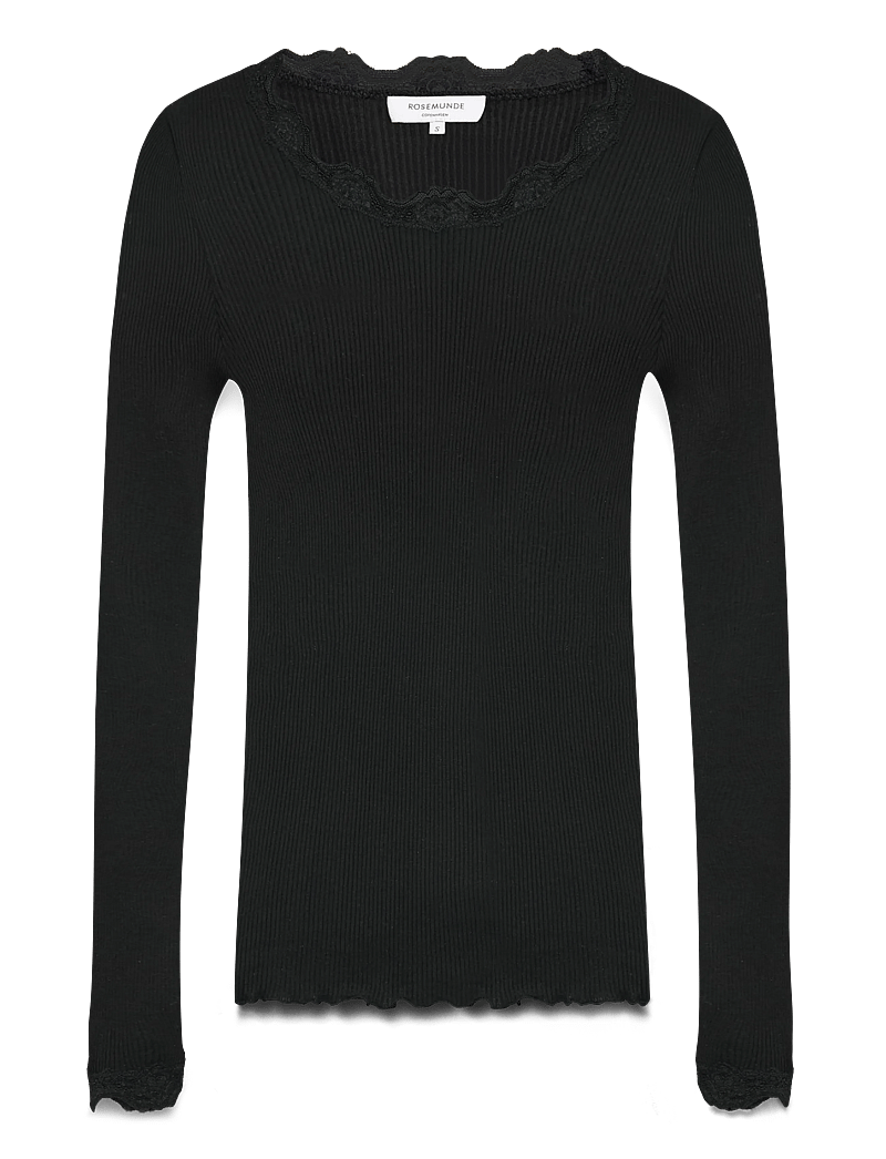 Rosemunde - RWBabette Silk LS Lace T-shirt - langärmlige tops - black - 1