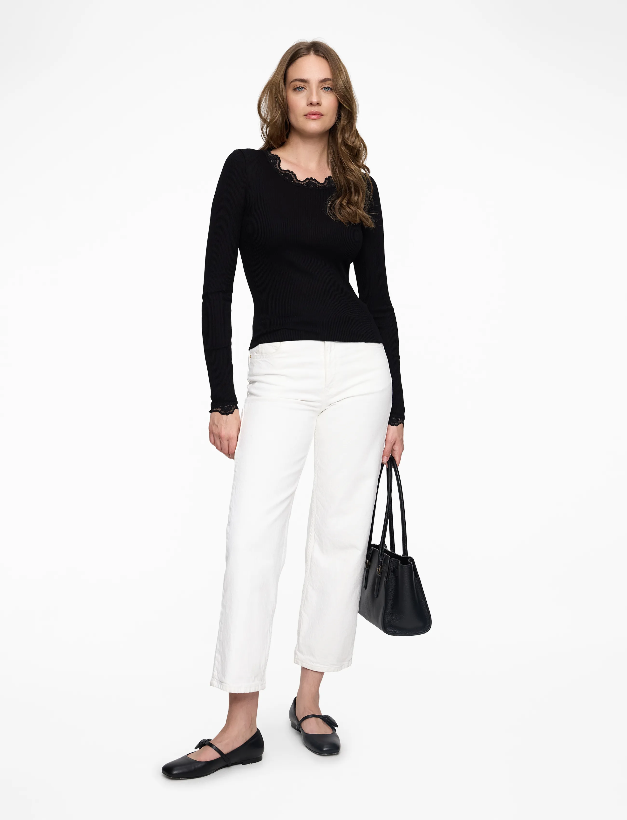 Rosemunde - RWBabette Silk LS Lace T-shirt - langærmede toppe - black - 2