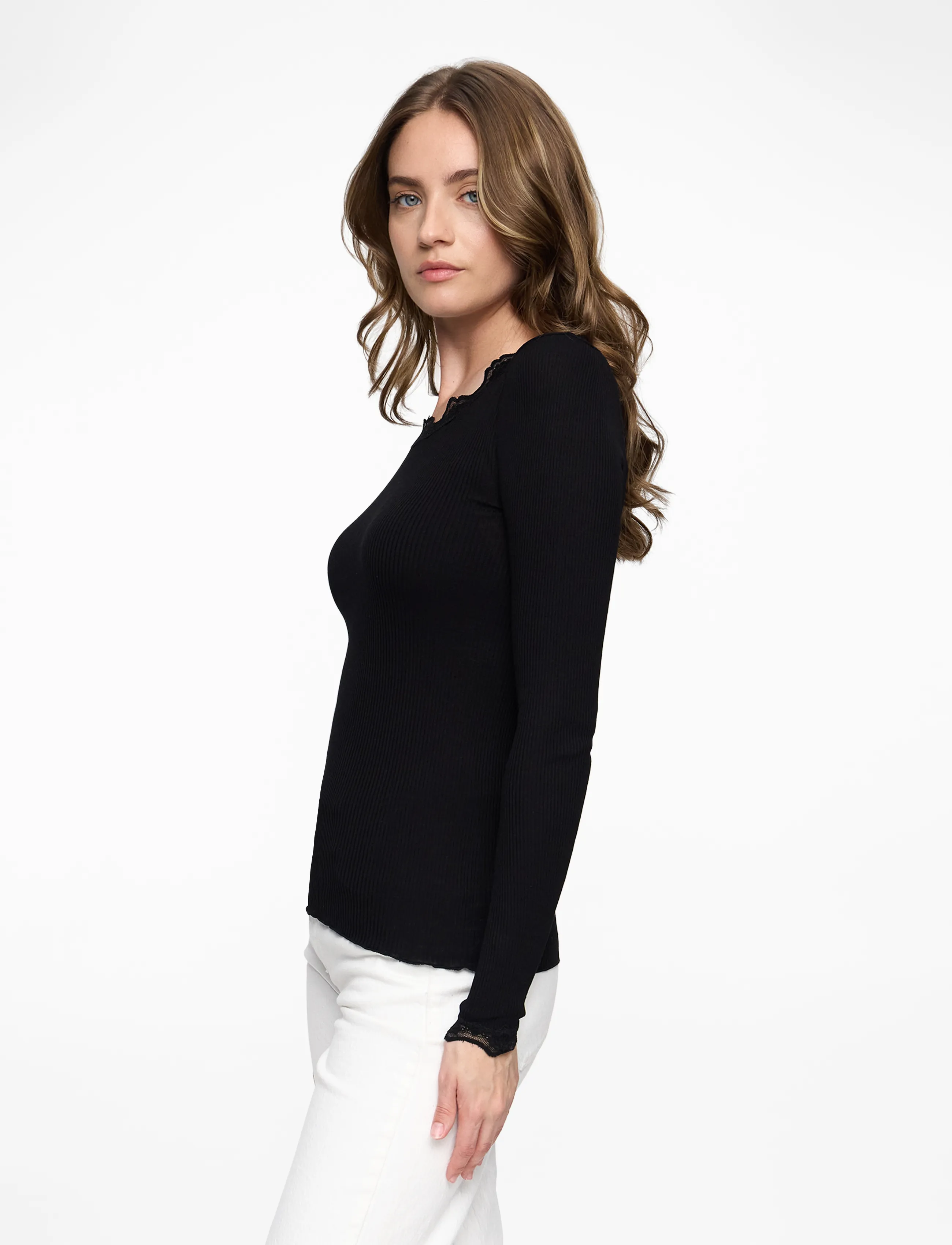 Rosemunde - RWBabette Silk LS Lace T-shirt - langærmede toppe - black - 3
