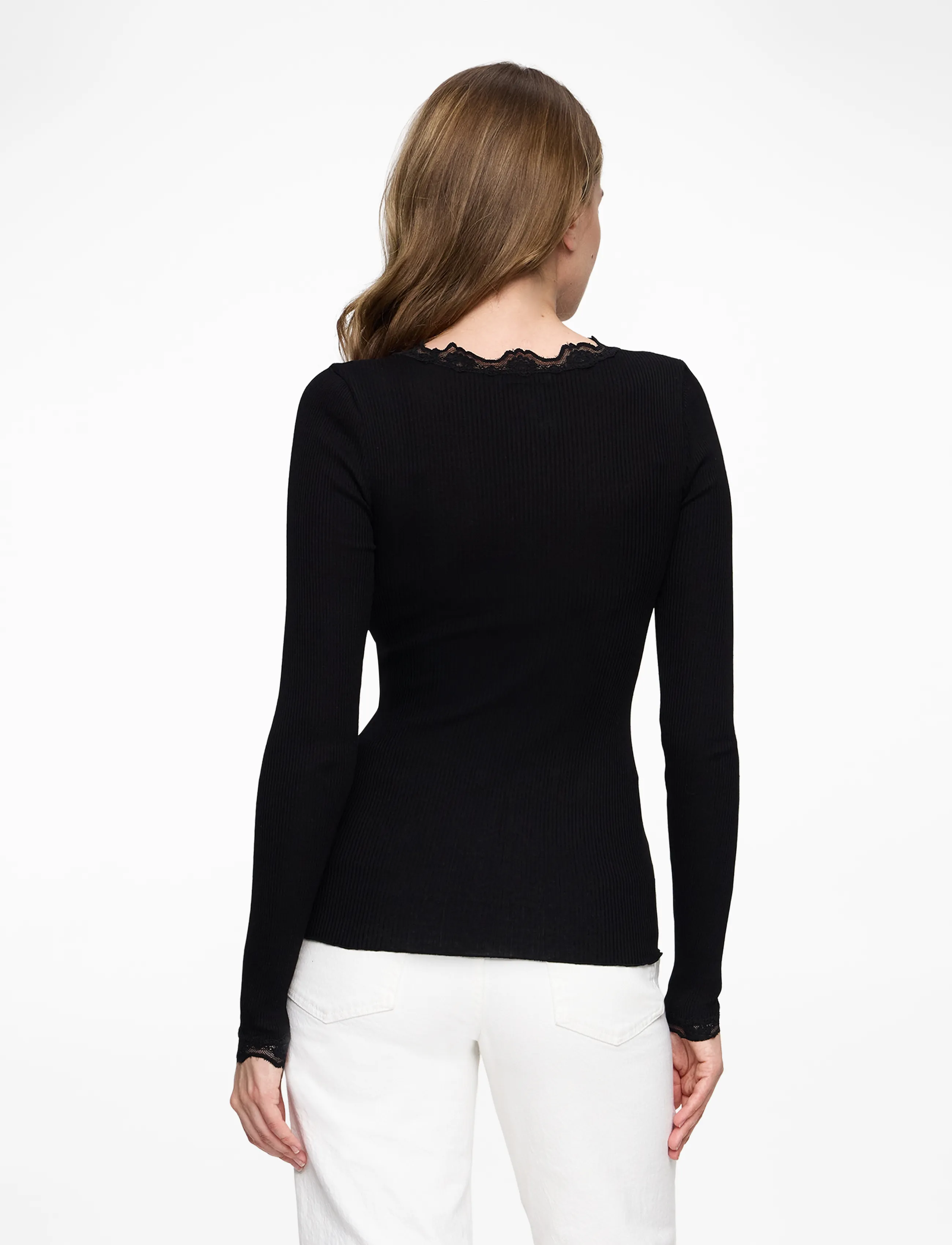 Rosemunde - RWBabette Silk LS Lace T-shirt - langærmede toppe - black - 4