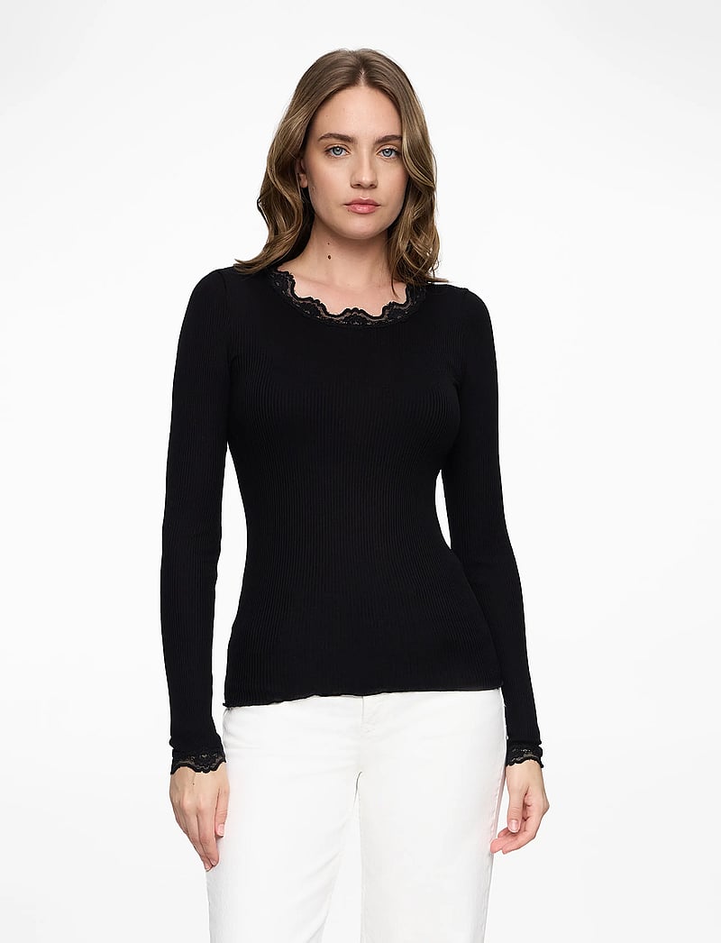 Rosemunde - RWBabette Silk LS Lace T-shirt - langärmlige tops - black - 0