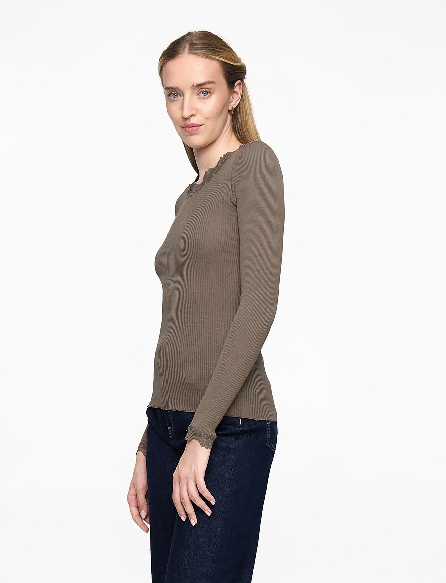 Rosemunde - RWBabette Silk LS Lace T-shirt - long-sleeved tops - falcon - 3