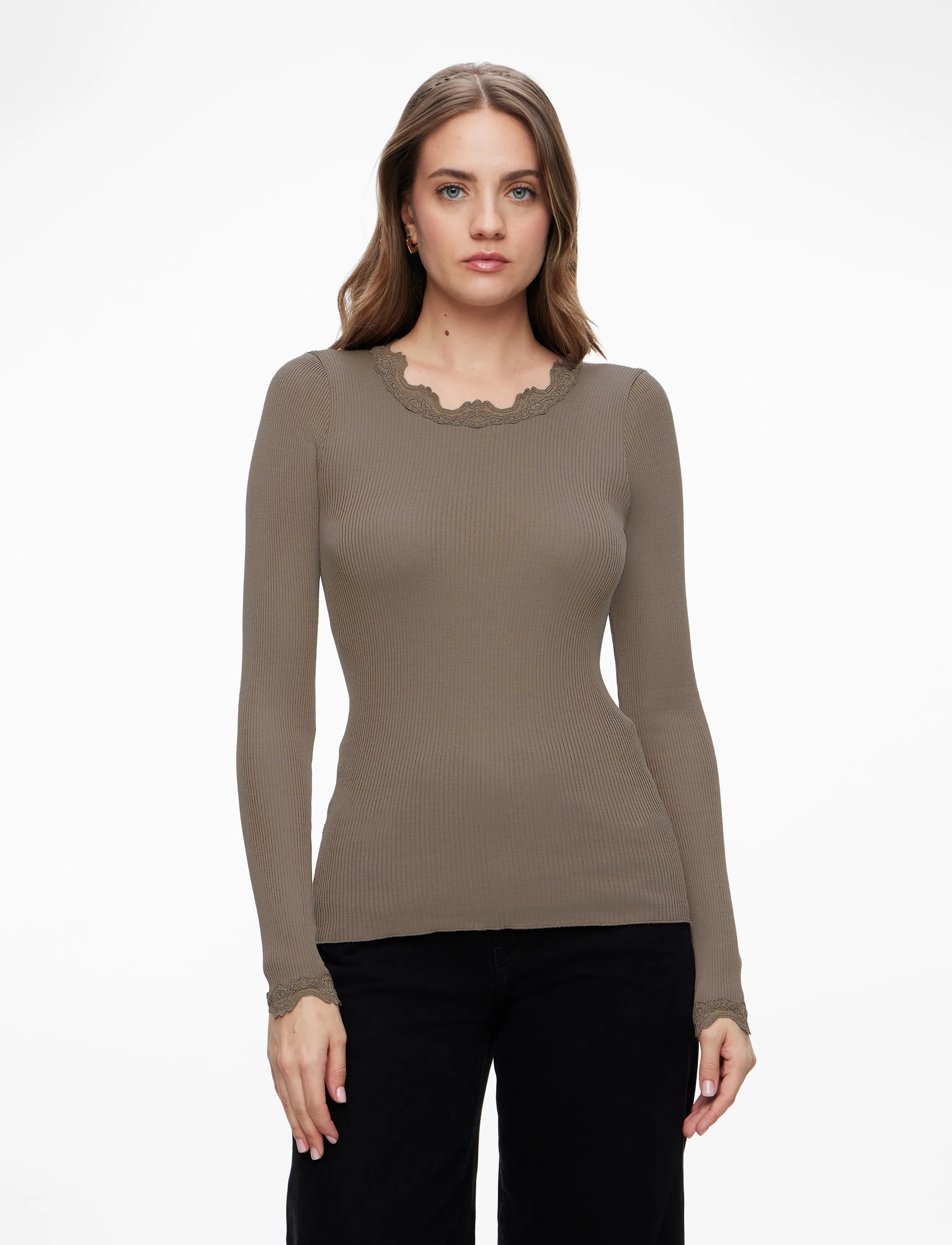 Rosemunde RWBabette Silk LS Lace T-shirt - T-shirts & Toppar - FALCON / brown