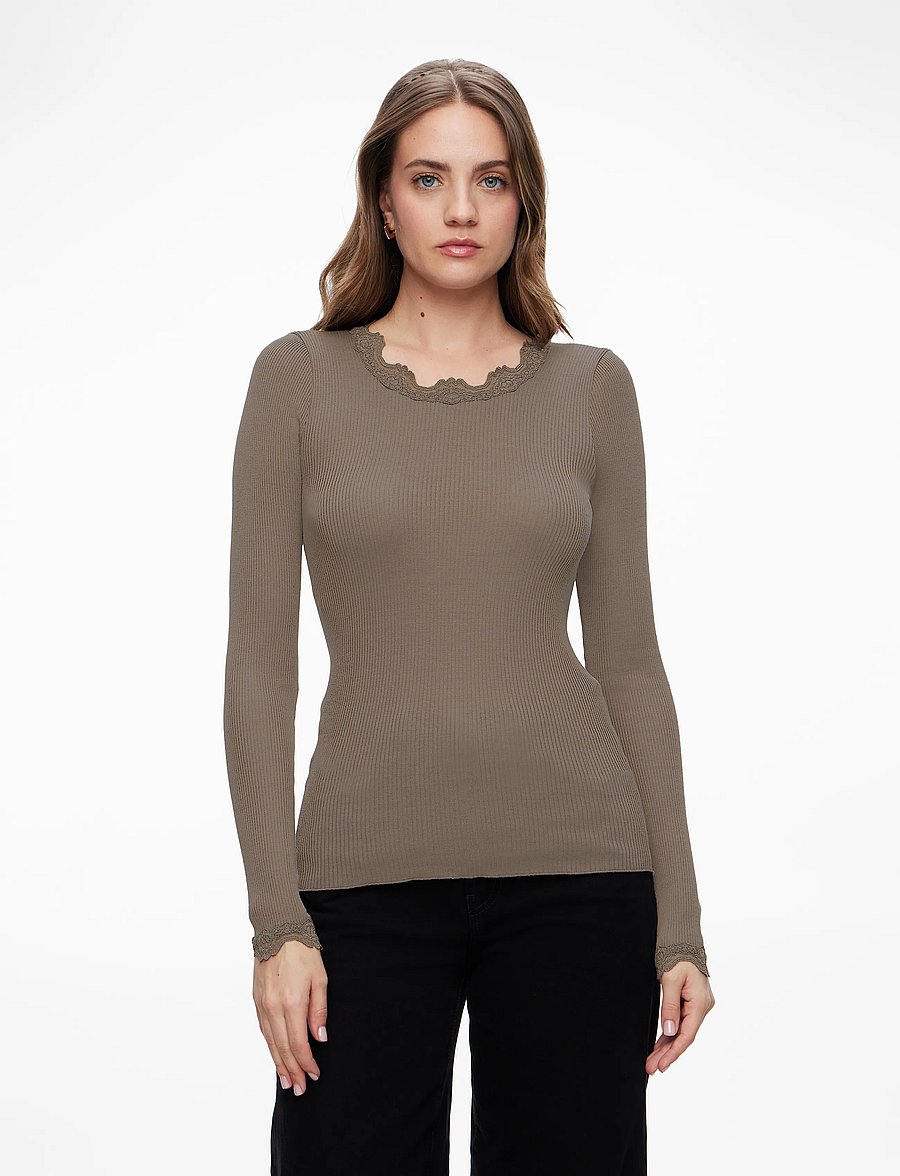 Rosemunde - RWBabette Silk LS Lace T-shirt - long-sleeved tops - falcon - 0
