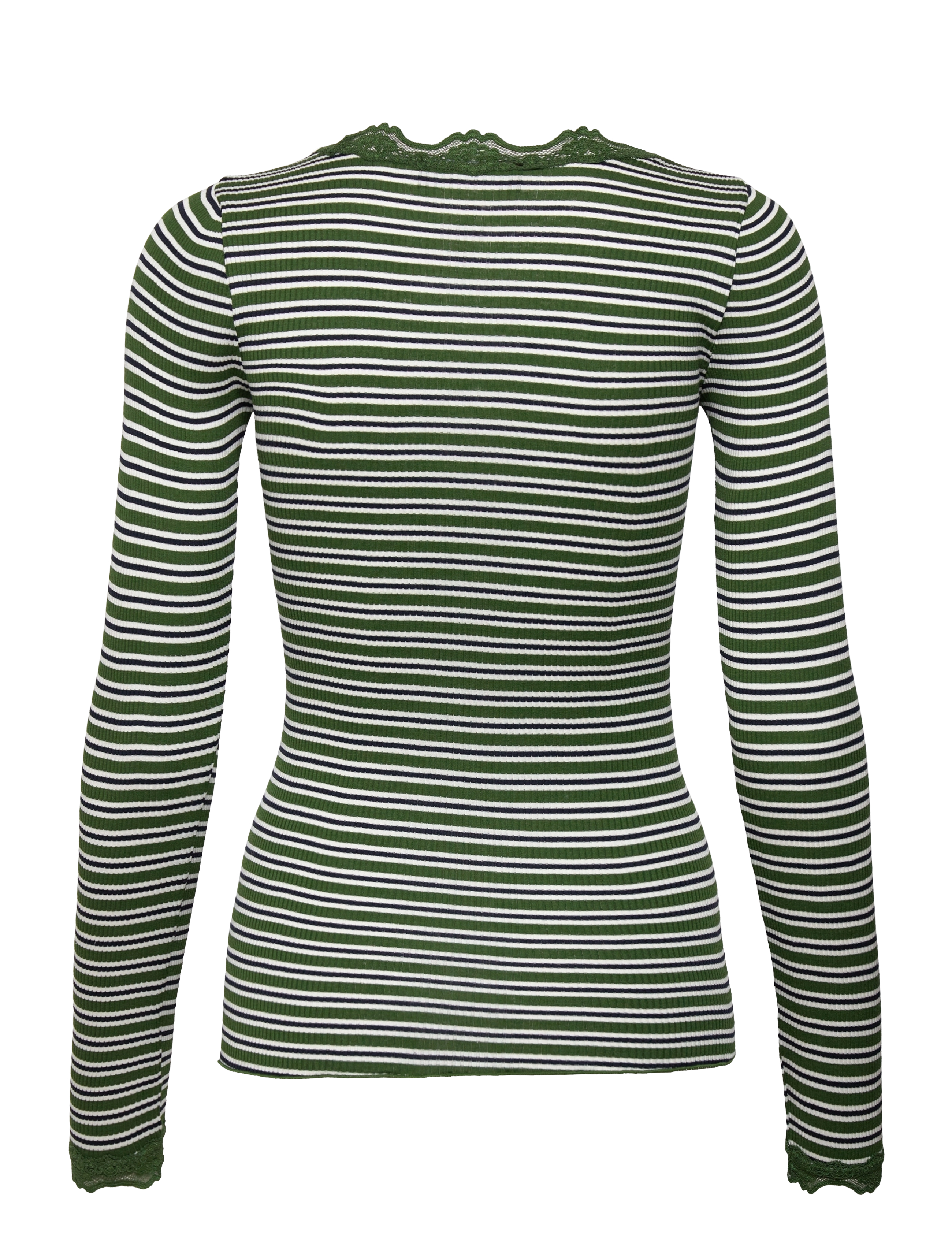 Rosemunde - RWBabette Silk LS Lace T-shirt - långärmade toppar - forest elf mix stripe - 1