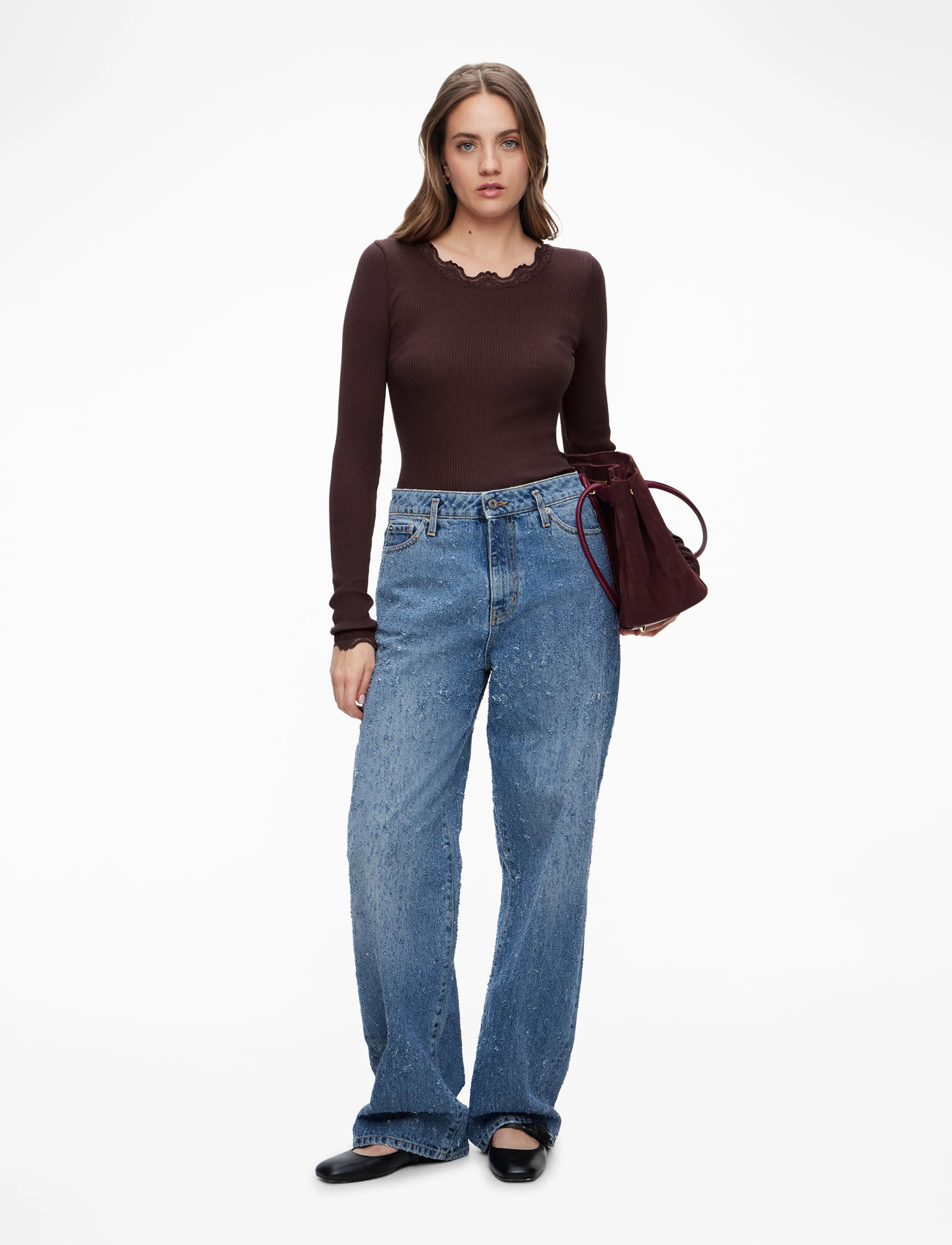 Rosemunde - RWBabette Silk LS Lace T-shirt - långärmade toppar - fudge - 2