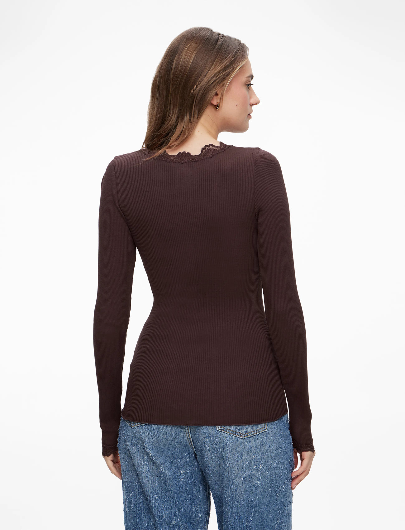 Rosemunde - RWBabette Silk LS Lace T-shirt - långärmade toppar - fudge - 4