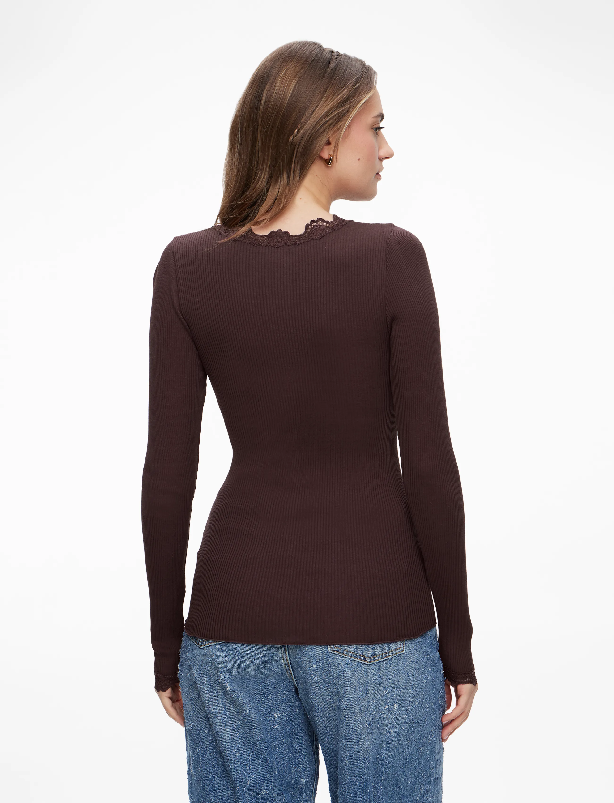 Rosemunde - RWBabette Silk LS Lace T-shirt - langærmede toppe - fudge - 4