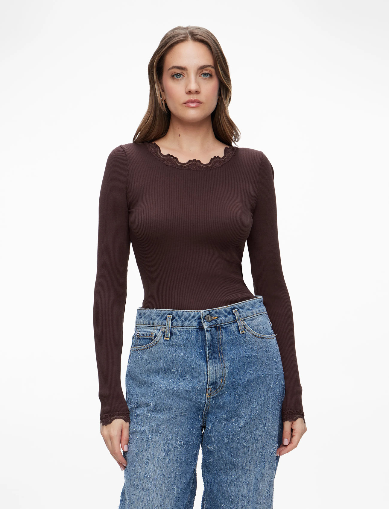 Rosemunde - RWBabette Silk LS Lace T-shirt - långärmade toppar - fudge - 0