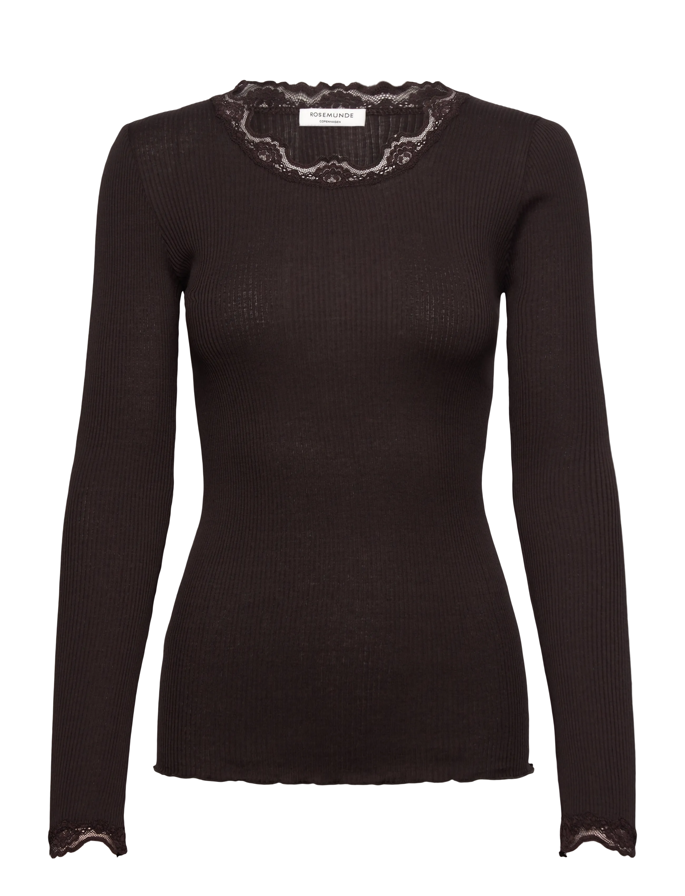 Rosemunde Rwbabette Silk Ls Lace T-Shirt, XS, Brown, T-Shirts & Toppe > Langærmede, Dame