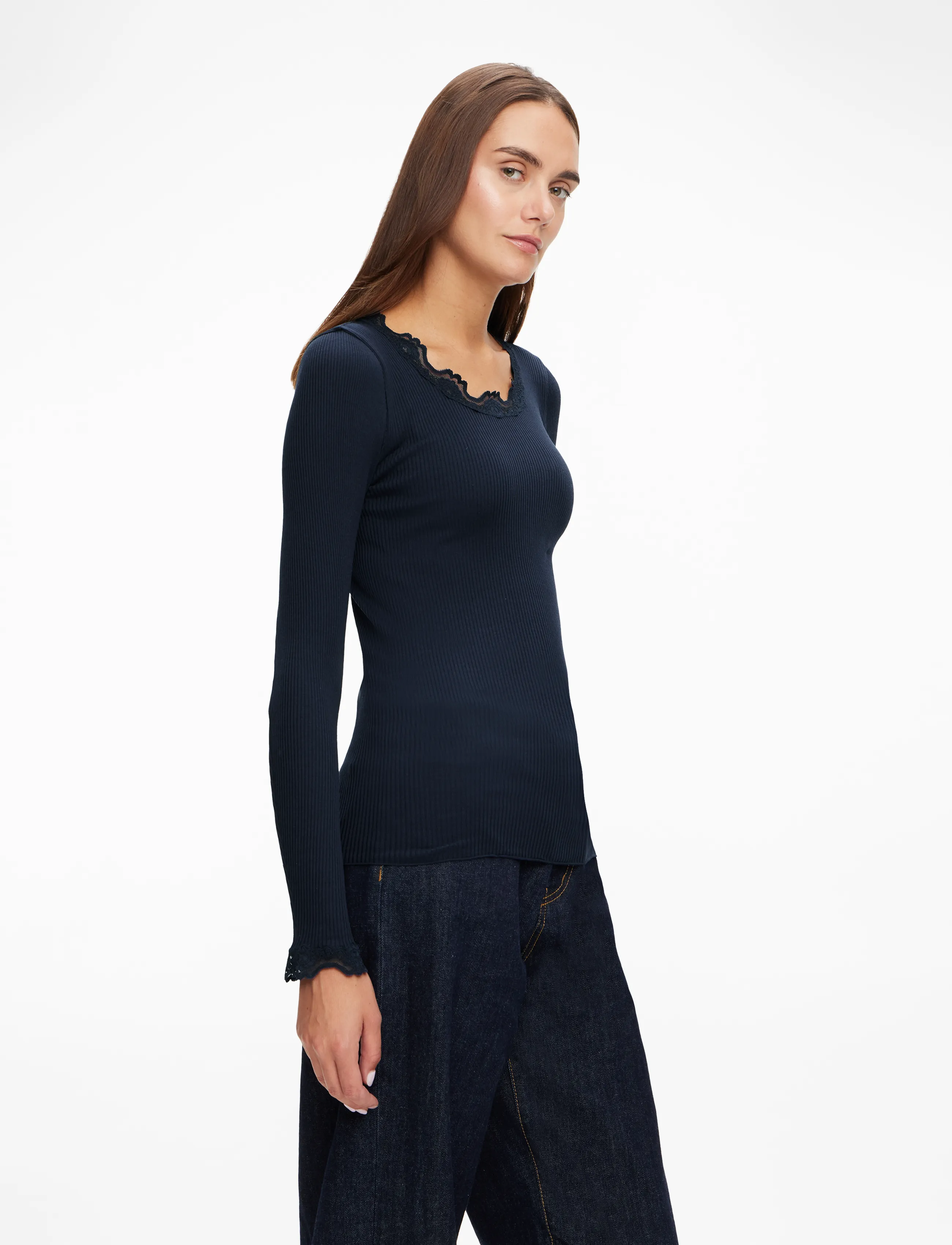 Rosemunde - RWBabette Silk LS Lace T-shirt - pikkade varrukatega alussärgid - navy - 3