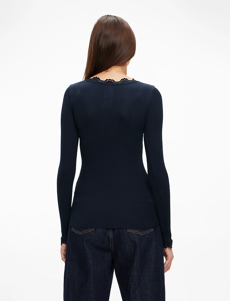 Rosemunde - RWBabette Silk LS Lace T-shirt - långärmade toppar - navy - 4