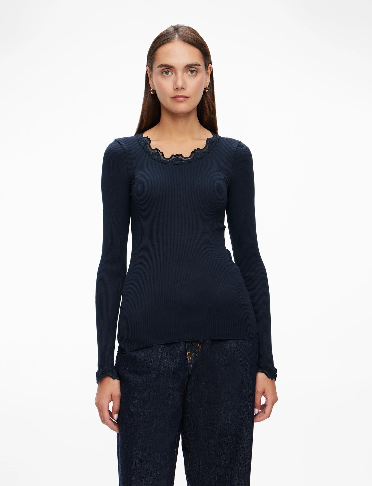Rosemunde - RWBabette Silk LS Lace T-shirt - långärmade toppar - navy - 0