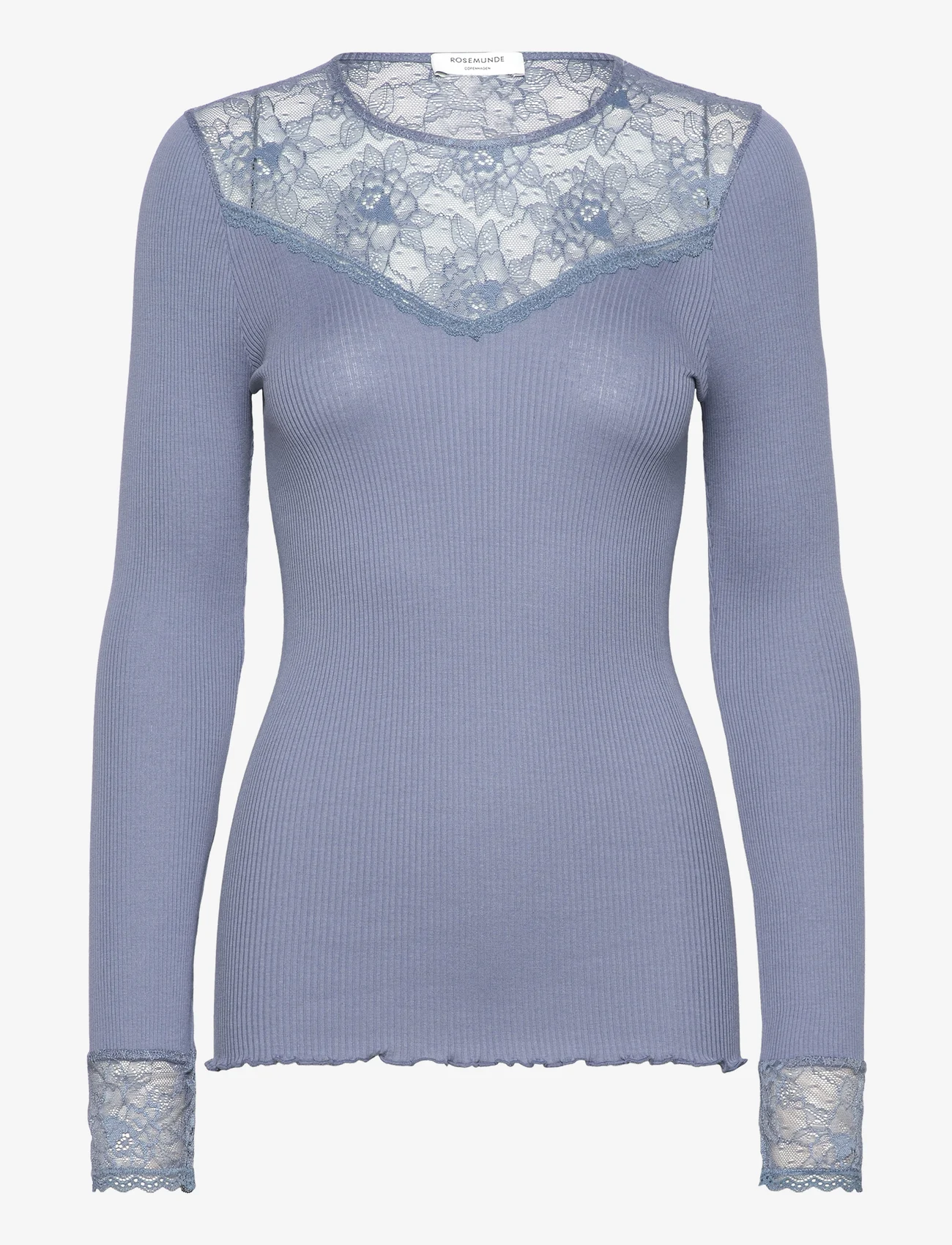 Rosemunde - Silk t-shirt regular LS w/lace - långärmade toppar - paris blue - 0