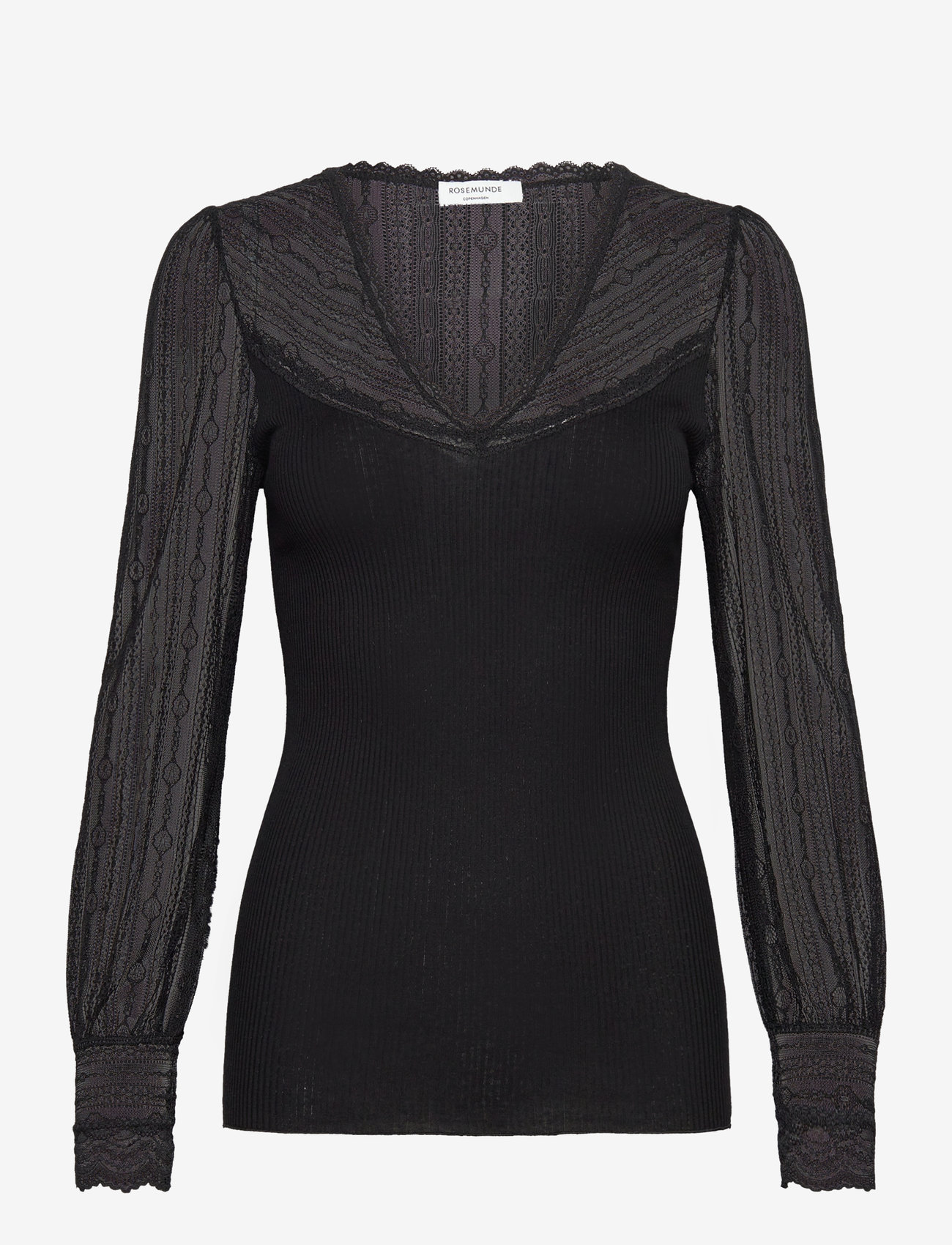 Rosemunde - Silk t-shirt w/ lace - långärmade toppar - black - 0