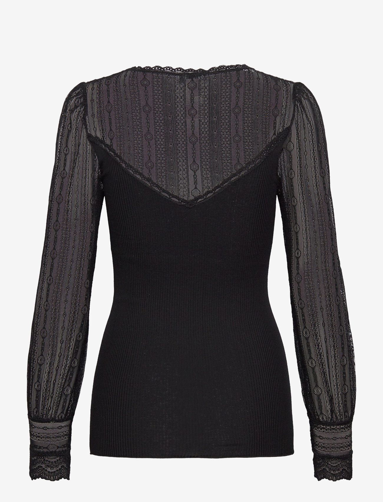 Rosemunde - Silk t-shirt w/ lace - långärmade toppar - black - 1