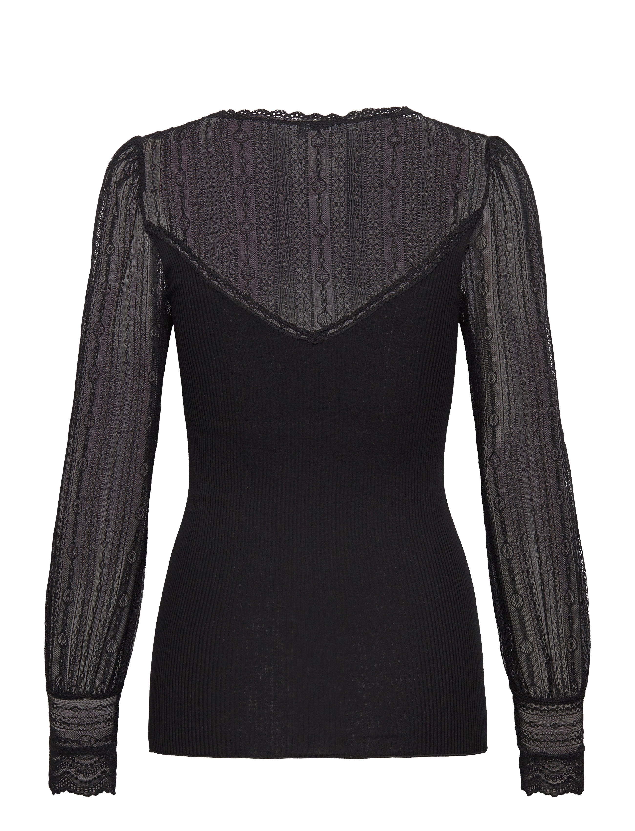 Rosemunde - Silk t-shirt w/ lace - langærmede toppe - black - 1