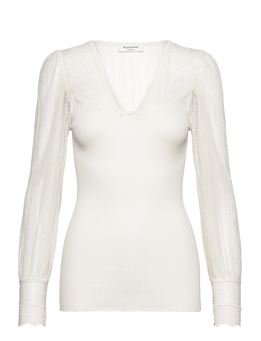 Rosemunde - Silk t-shirt w/ lace - långärmade toppar - ivory - 0