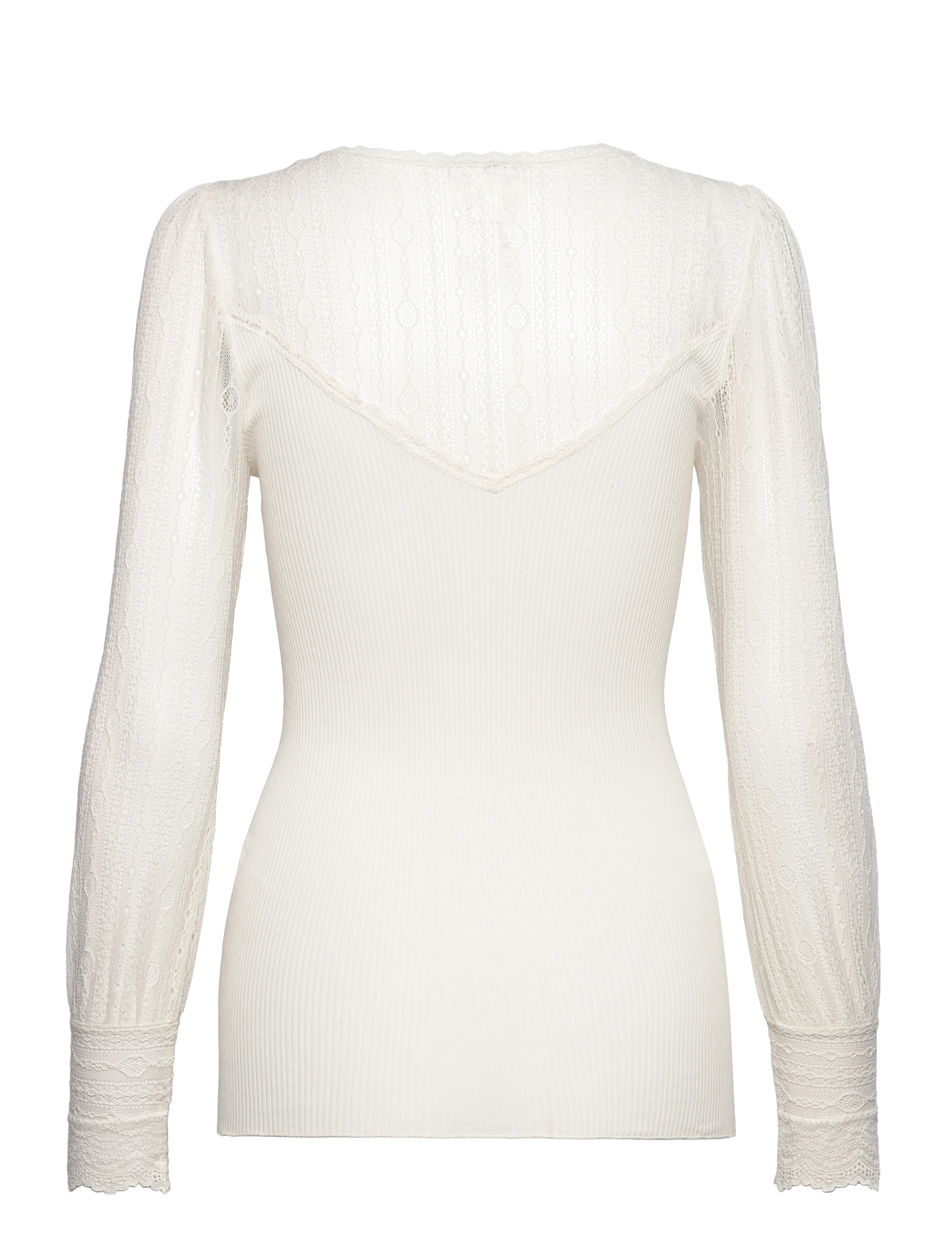 Rosemunde - Silk t-shirt w/ lace - topi ar garām piedurknēm - ivory - 1