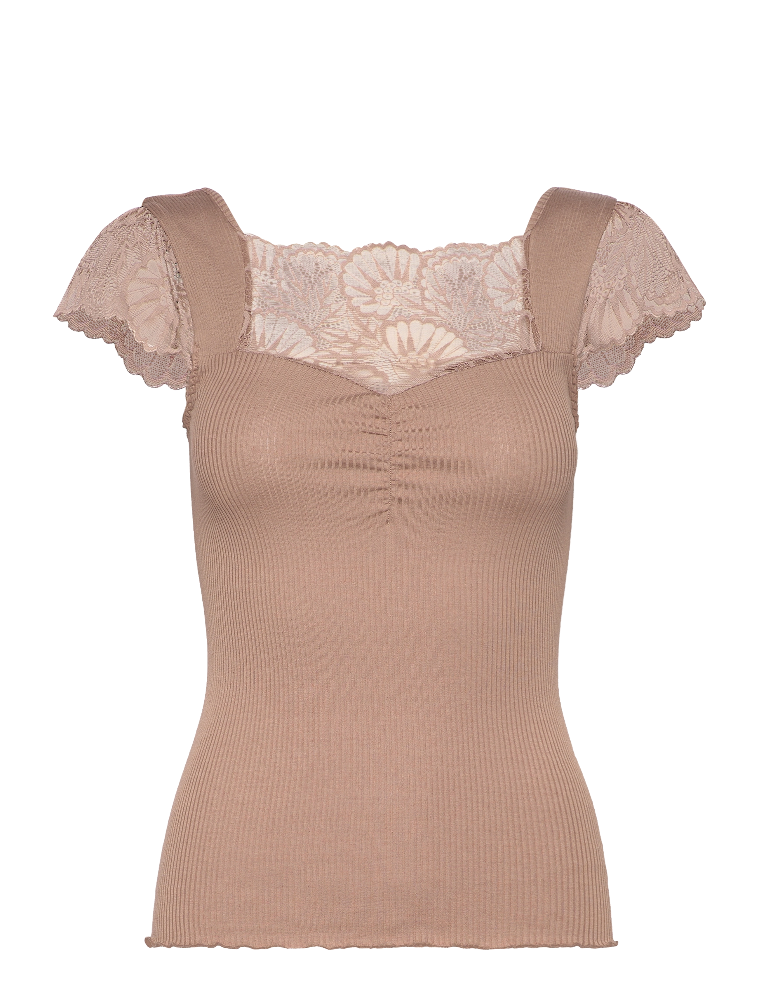 Rosemunde Silk t-shirt w/ lace - Tøj - DARK SAND / brown