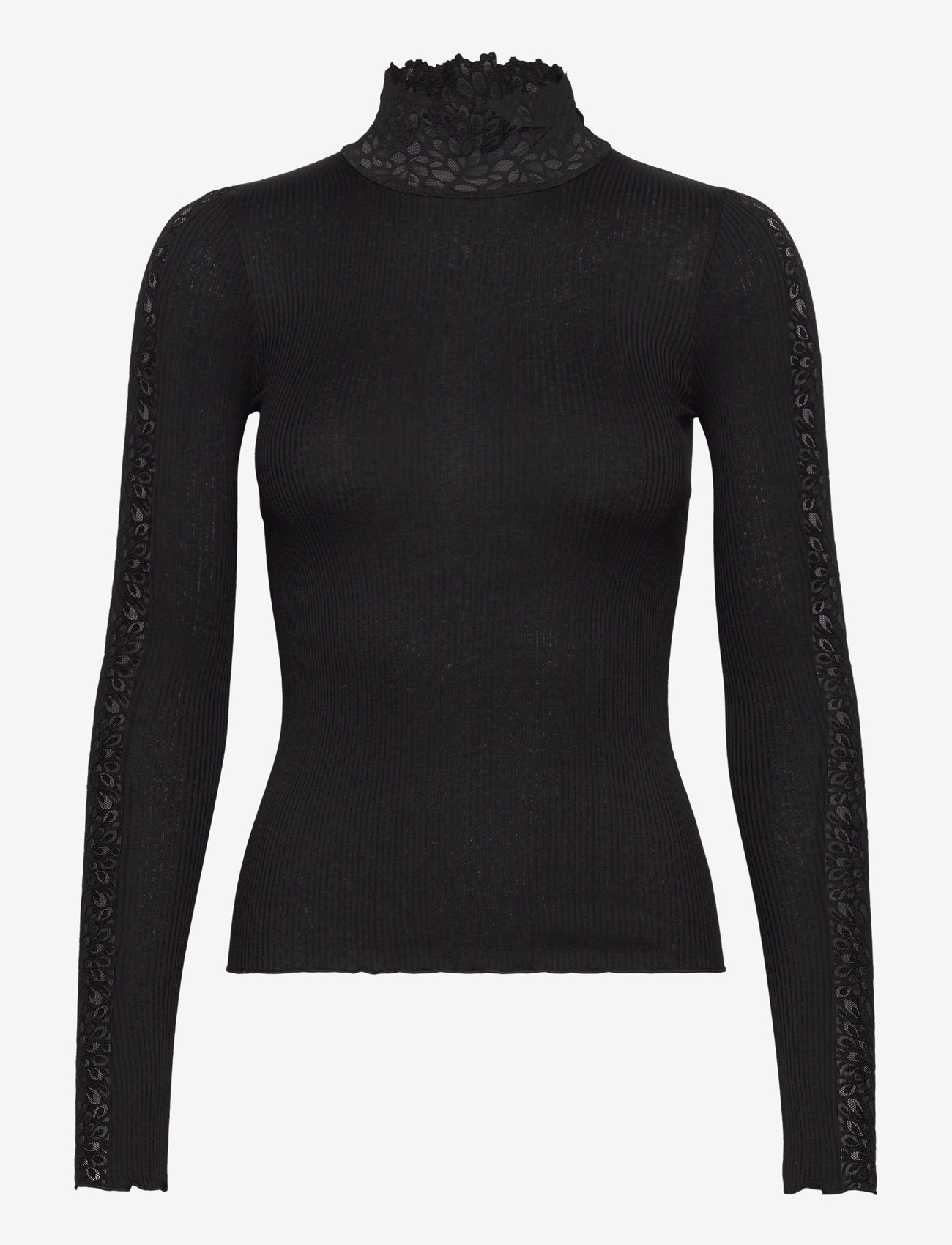 Rosemunde - RWBeatha Silk LS Lace T-shirt - långärmade toppar - black - 1