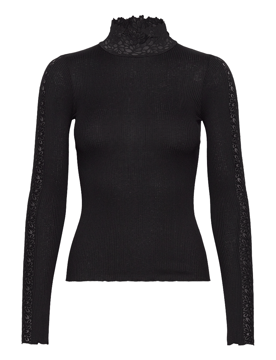 Rosemunde - RWBeatha Silk LS Lace T-shirt - langærmede toppe - black - 1