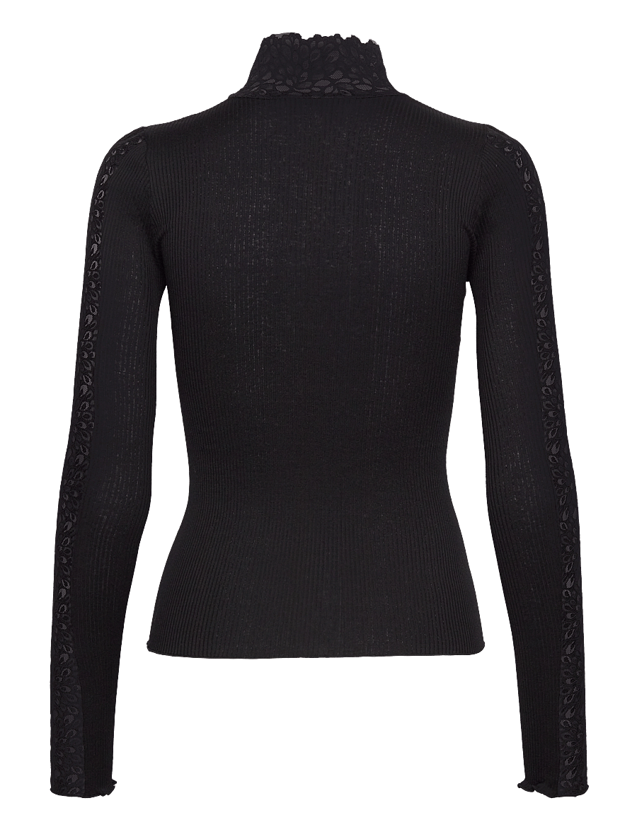 Rosemunde - RWBeatha Silk LS Lace T-shirt - langærmede toppe - black - 2