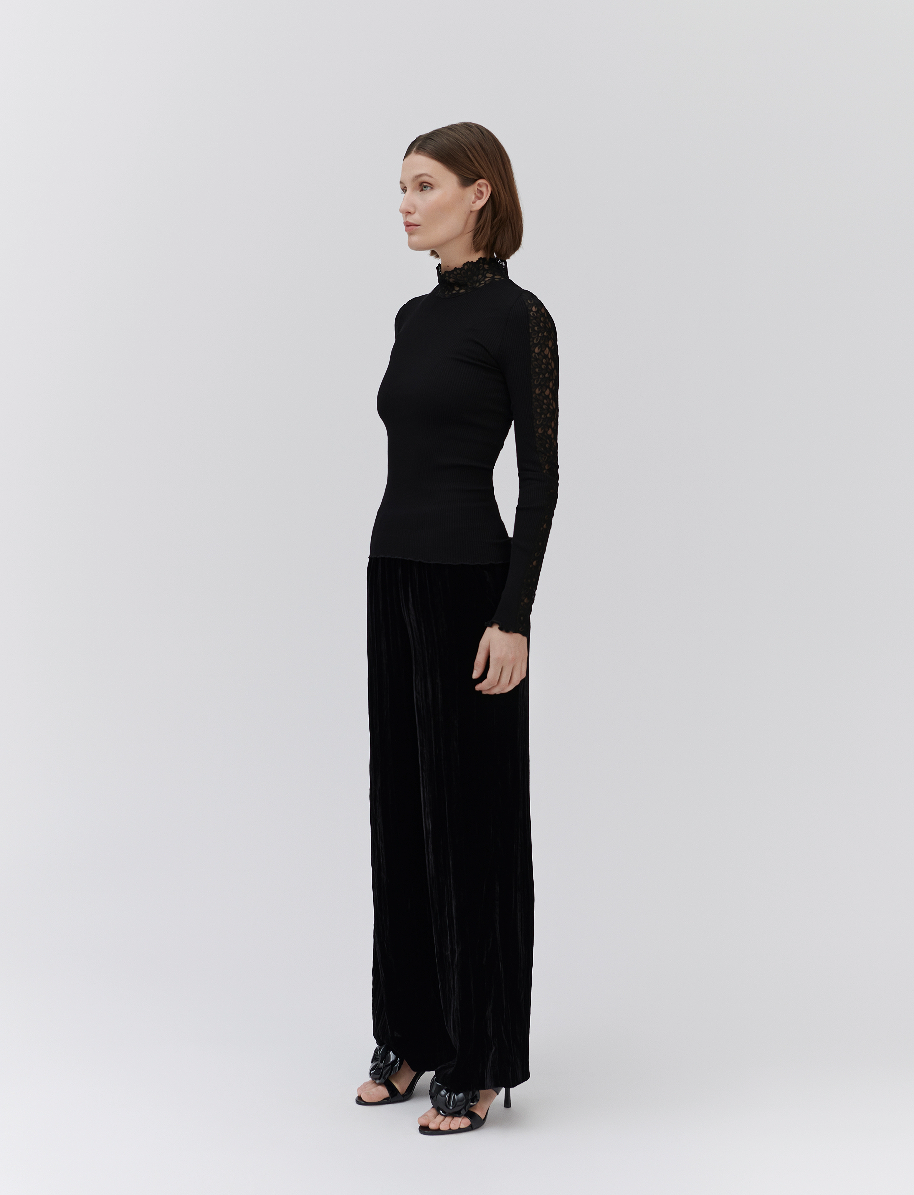Rosemunde - RWBeatha Silk LS Lace T-shirt - langærmede toppe - black - 3