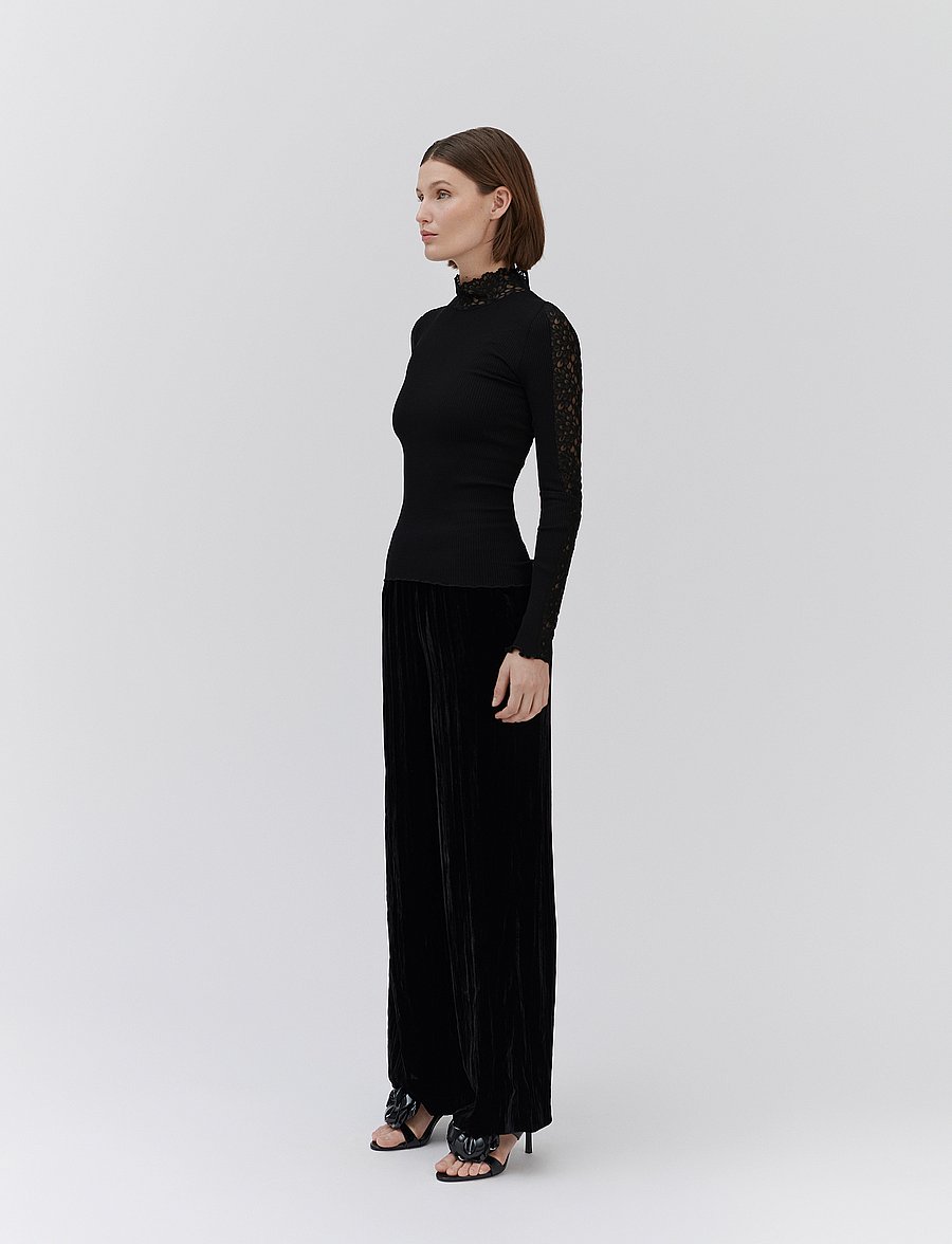 Rosemunde - RWBeatha Silk LS Lace T-shirt - langærmede toppe - black - 3