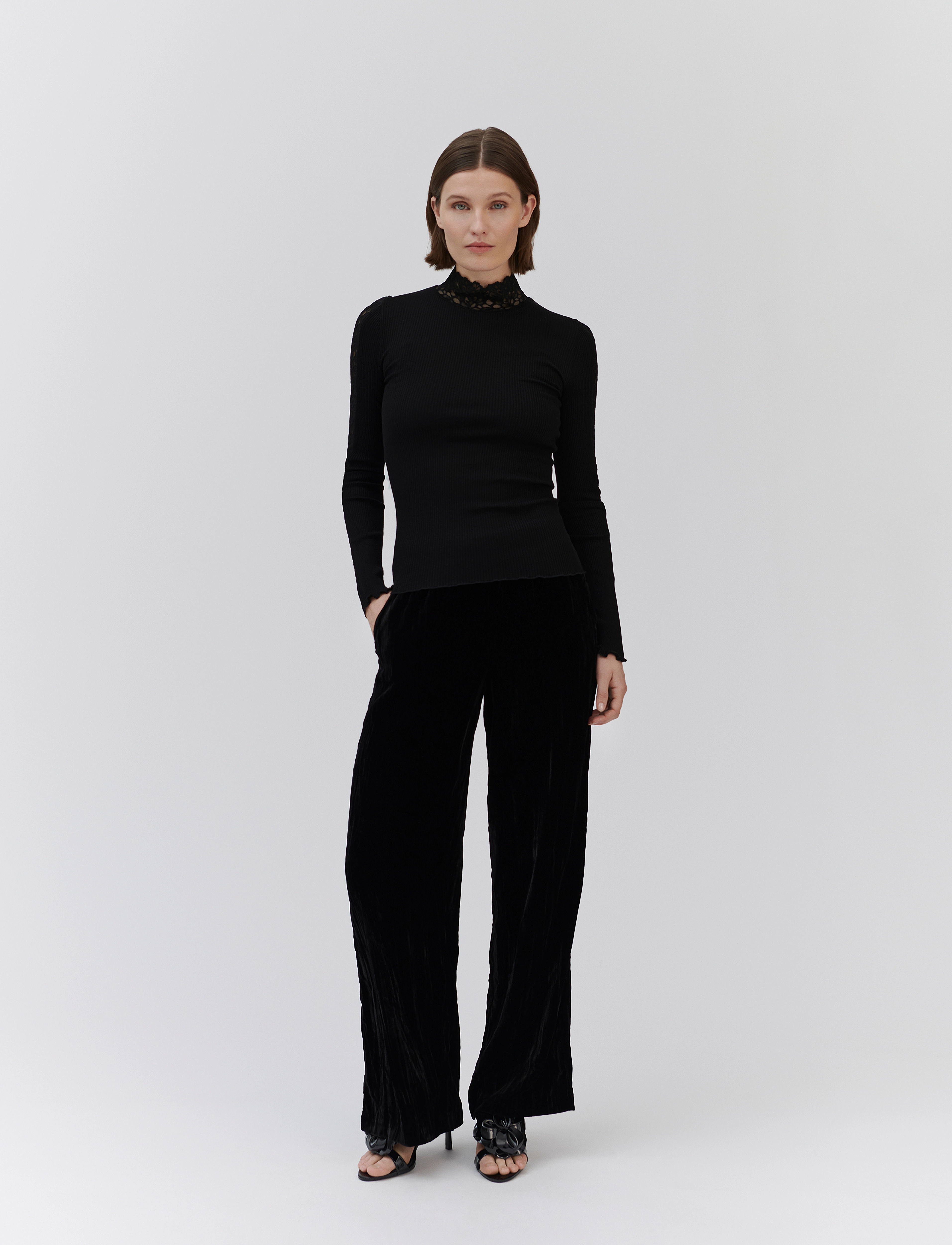 Rosemunde - RWBeatha Silk LS Lace T-shirt - langærmede toppe - black - 4