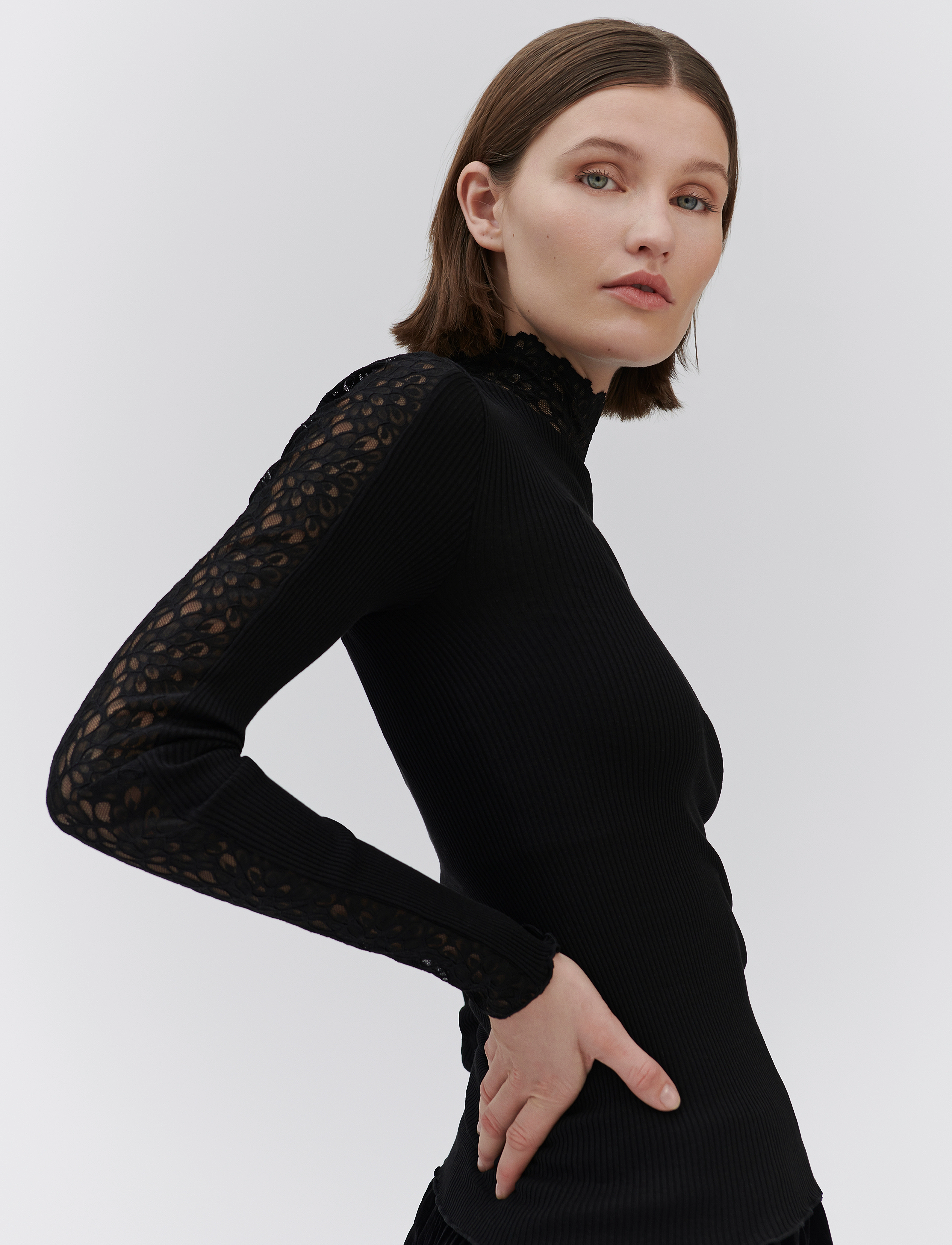 Rosemunde - RWBeatha Silk LS Lace T-shirt - langærmede toppe - black - 5