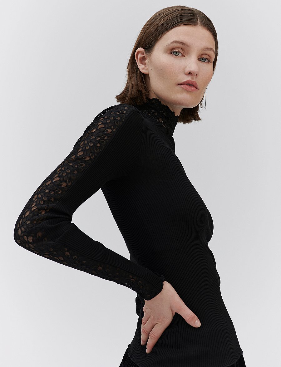 Rosemunde - RWBeatha Silk LS Lace T-shirt - langærmede toppe - black - 5
