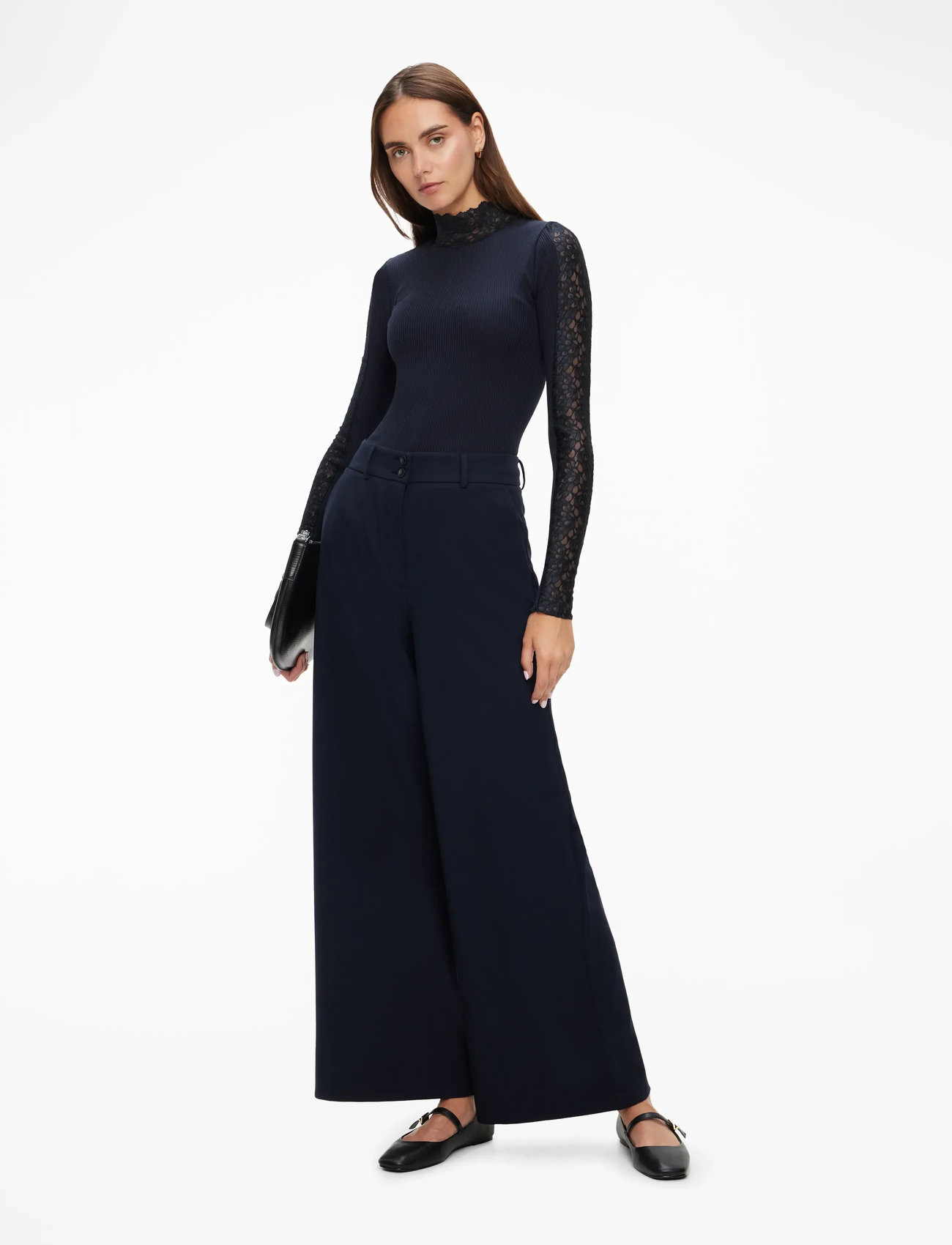 Rosemunde - RWBeatha Silk LS Lace T-shirt - långärmade toppar - navy - 2