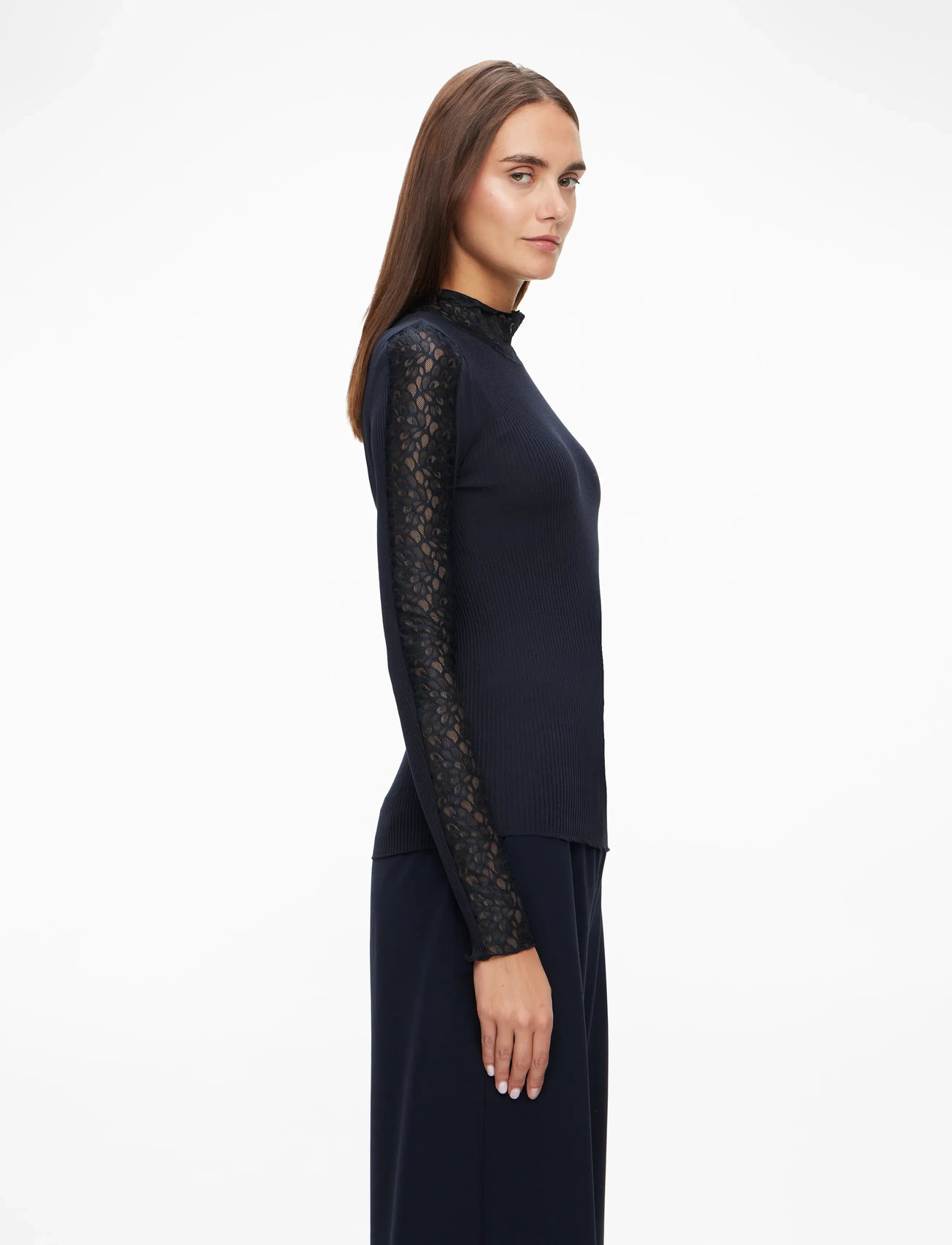 Rosemunde - RWBeatha Silk LS Lace T-shirt - långärmade toppar - navy - 3