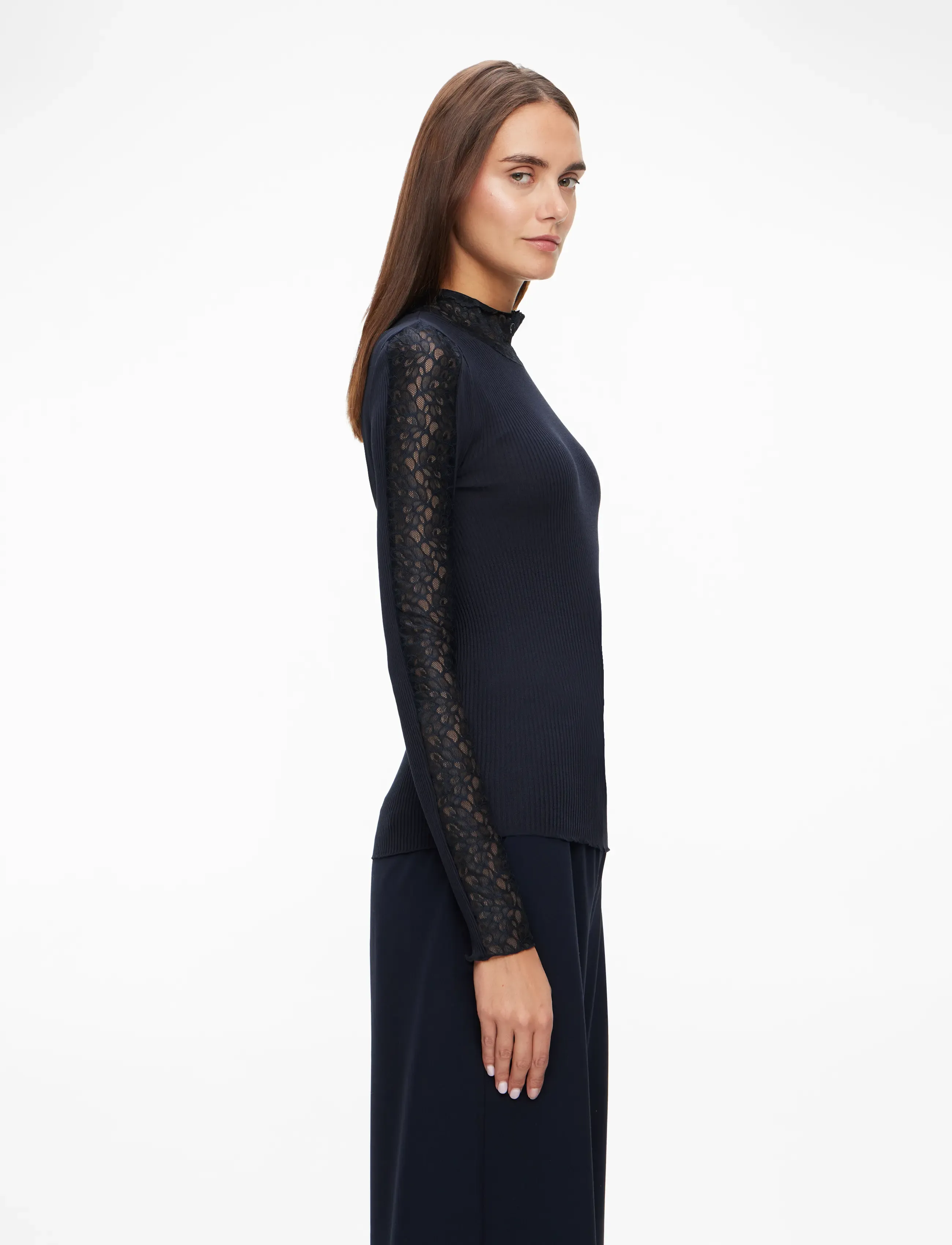 Rosemunde - RWBeatha Silk LS Lace T-shirt - langermede topper - navy - 3
