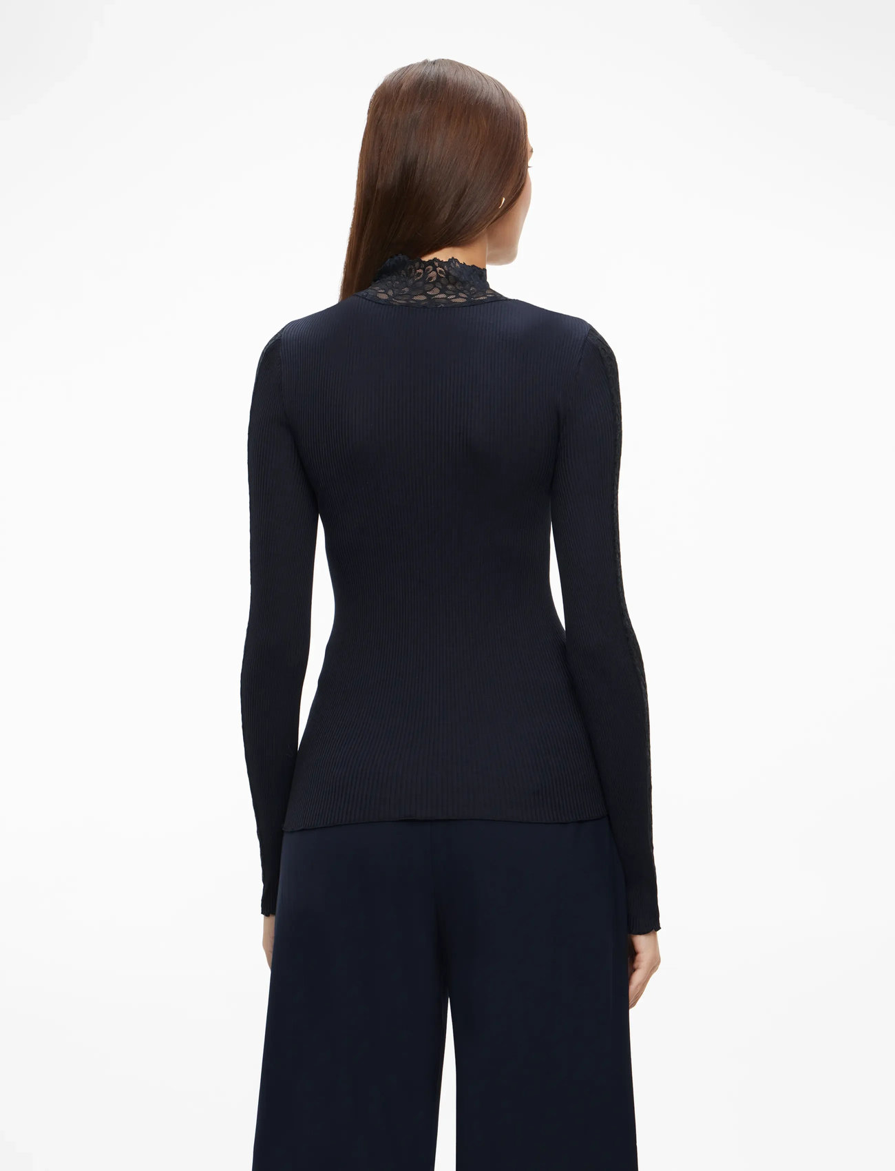 Rosemunde - RWBeatha Silk LS Lace T-shirt - långärmade toppar - navy - 4