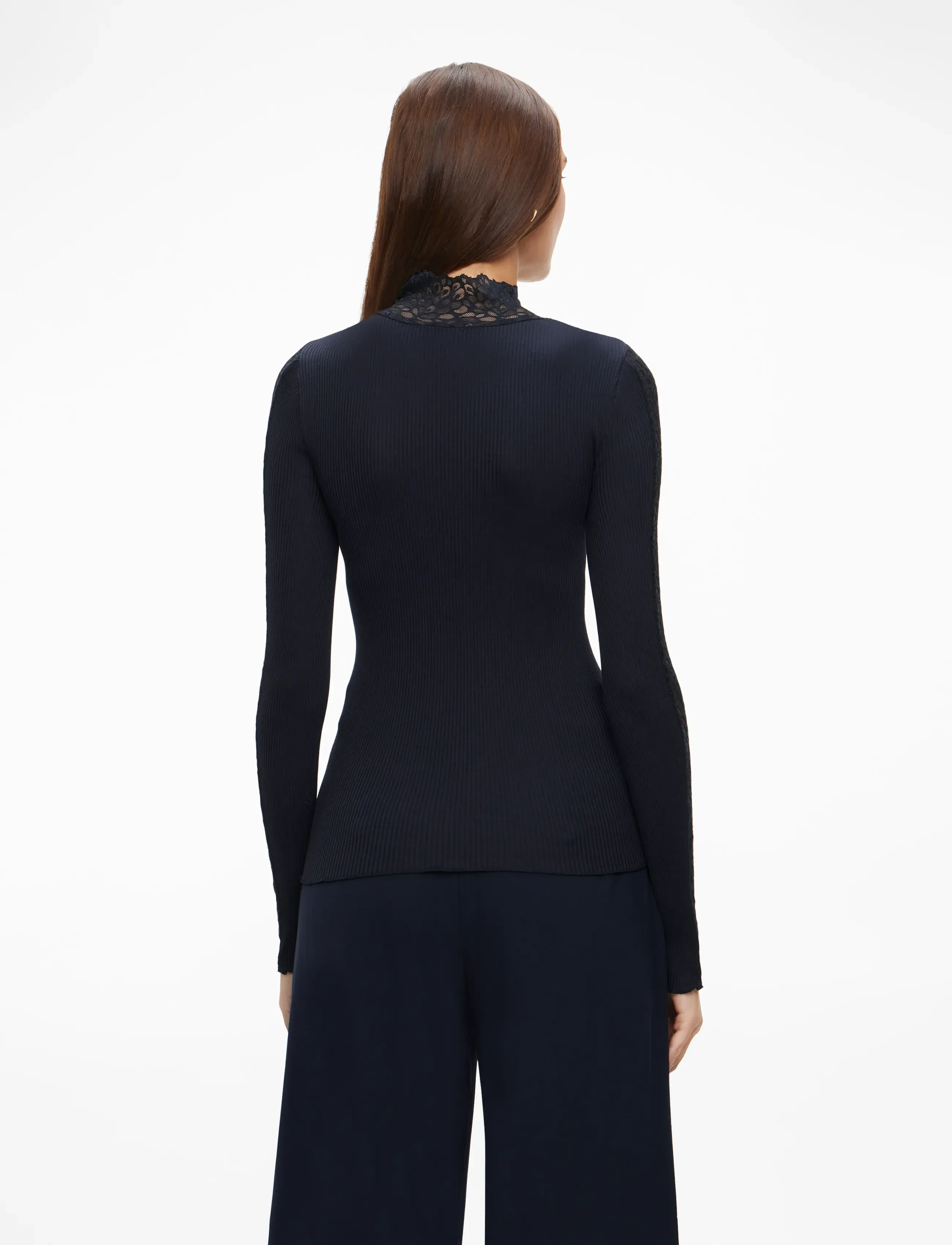 Rosemunde - RWBeatha Silk LS Lace T-shirt - langermede topper - navy - 4